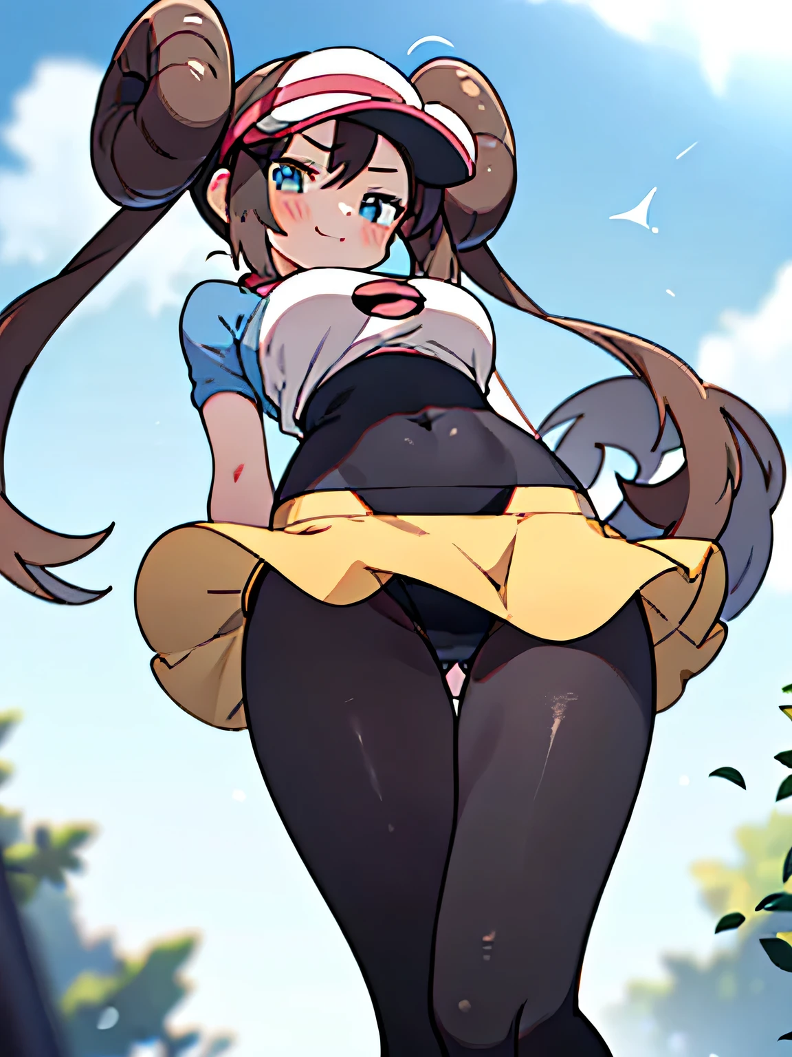 supermodel physique, perfect body, Perfect clear skin, 超realistic, hyper realism, realistic, 超high quality, masterpiece, high quality, beautiful, sexy face, cute, Slightly toned, fit, Supermodel Build, 3/4 body view, sexy waist, sexy hips, perfect legs, thigh gap, towards the camera, rosa(Pokemon), 1 girl, alone,double bun, bun hair, visor cap, brown hair, blush, yellow skirt, pantyhose, black leggings, black stockings, pantyhose, Pokéball Print, Yellow miniskirt, rosa(Pokemon) Clothes,smile、masterpiece, 最high quality, 1 girl, Underbat, three girls, bikini, look down, looking at the viewer, outdoor