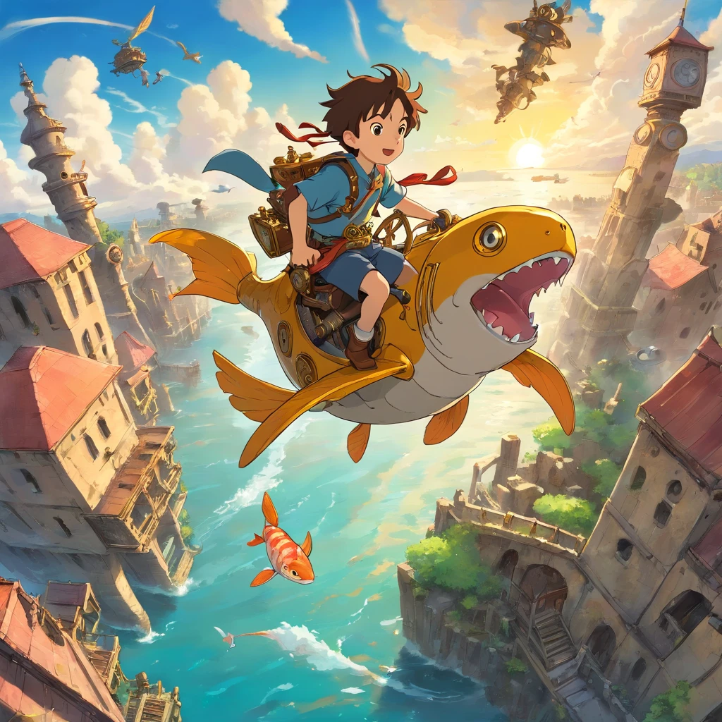 from above, boy riding a flying machine,steampunk, Fish, Big gears, Running, running, high-speed movement, dynamism, medieval cityscape, Large ruins, cloud, Sun 8K Style low