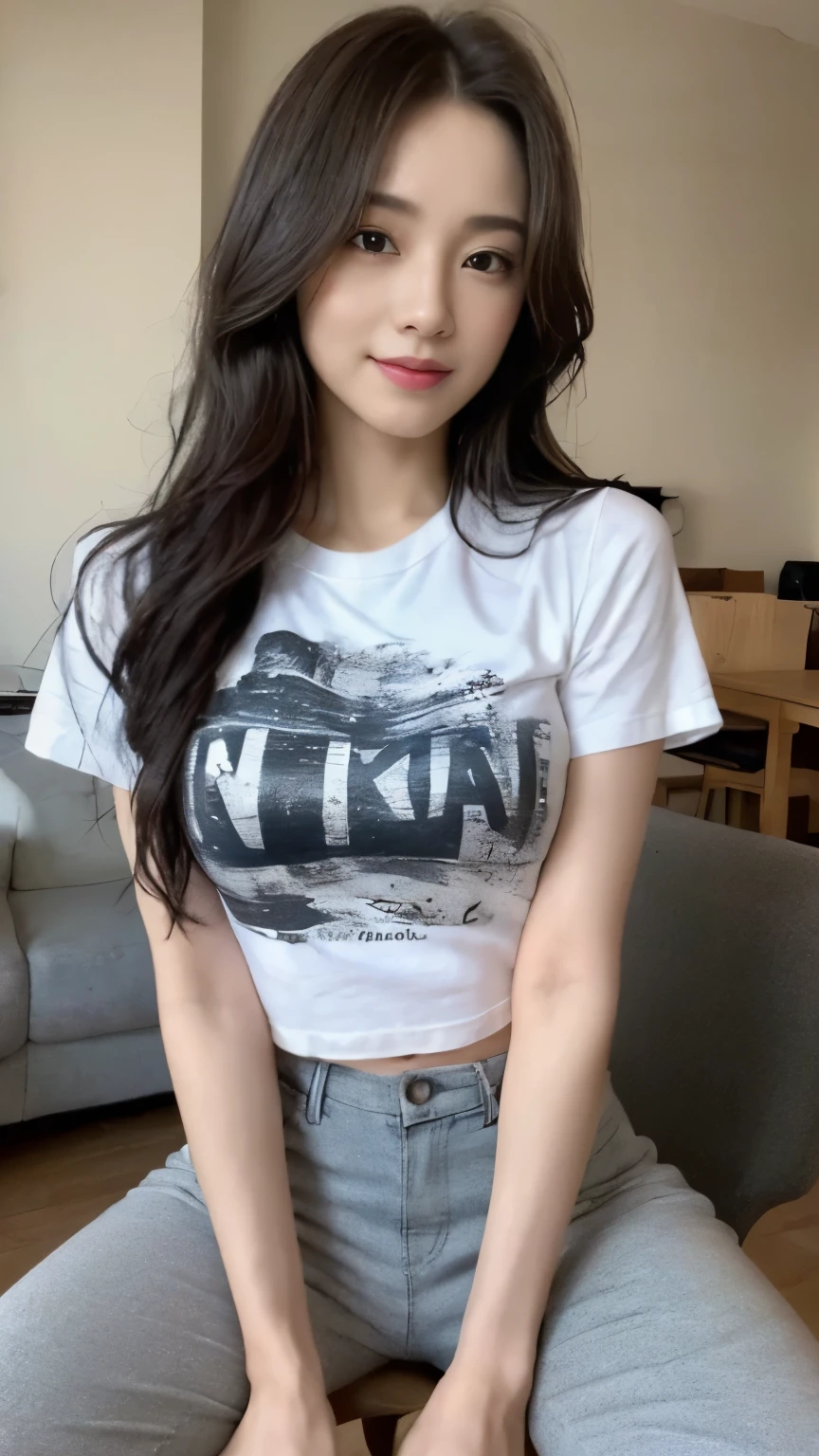 ((top-quality、8k、​masterpiece:1.3))、Beautiful woman with perfect body:1.4、slim abdomen:1.2、Longhair, normal breast, Highly detailed facial and skin texture, A detailed eye, (smile), (full body shot), ((computer room 1.2)), (sitting on the chair), (((wearing t-shirt with pants)), looking in front