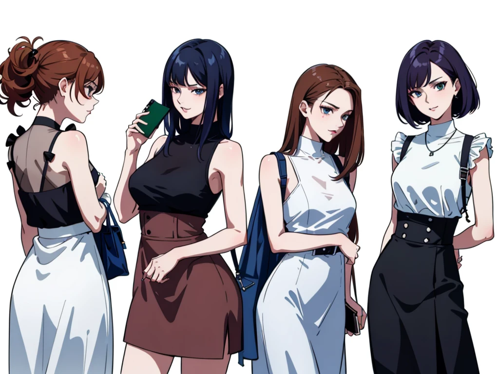 (((Best Quality))) , 4 women, multiple views, (((white background))), variety of hairstyles, variety of fashion styles, (((seductive pose))), fashionable and trendy atmosphere, holding bag, holding smart phone, looking at another, dark blue/dark orange/dark green/dark violet/brown/white,