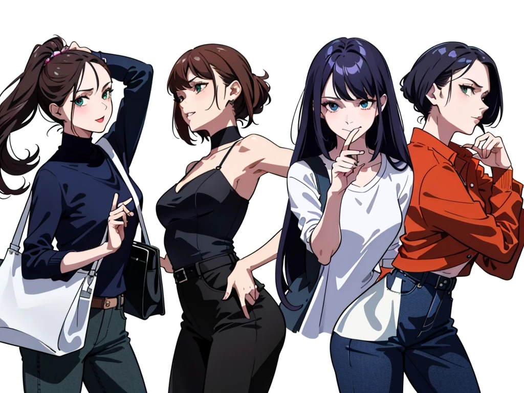 (((Best Quality))) , 4 women, multiple views, (((white background))), variety of hairstyles, variety of fashion styles, (((seductive pose))), fashionable and trendy atmosphere, holding bag,  holding smart phone, looking at another, dark blue/dark orange/dark green/dark violet/brown/white,
