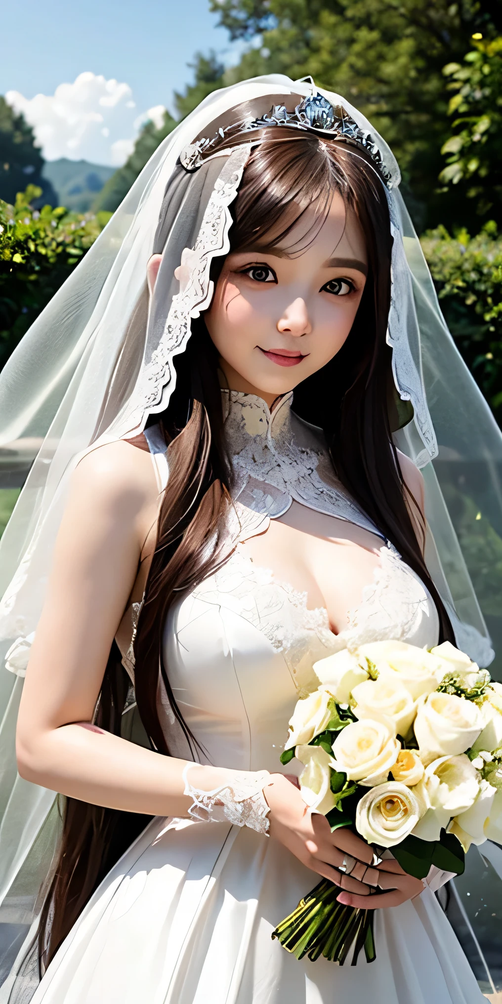 (Highest quality,masterpiece:1.3,Ultra-high resolution),(Very detailed,8K),(Realistic:1.4,RAW shooting)。Blurred Background、The best smile。A cute, petite 20-year-old woman、Short hairstyle、Plump figure。She is completely naked。Nipples are visible。Wedding Veil。Wedding Gloves。(((Holding a bouquet in both hands)))。Big Necklace。belly button。Sexy light grey panties。Stand in the Church。