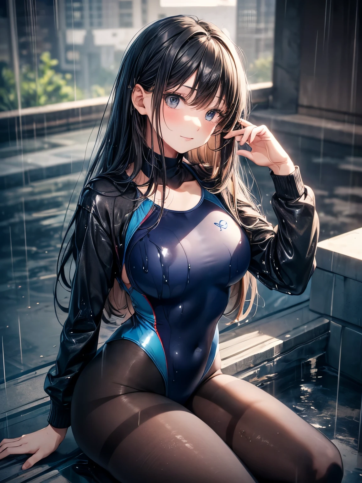 highest quality、complete limbs、full finger、black haired woman、medium hair woman、Beauty busty woman:1.3、(A woman wearing a navy blue one-piece long-sleeved school swimsuit:1.5)、(((woman wearing black tights:1.5)))、big smile、street tree、it&#39;s raining、(wet texture:1.5)、Kneeling