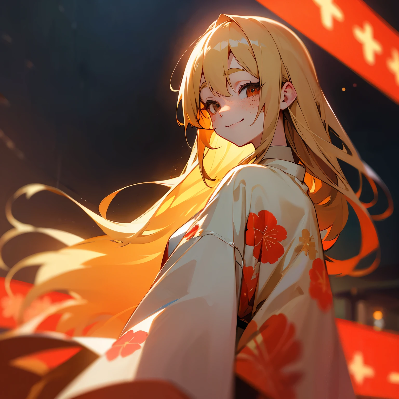 blonde、long hair、Bad eyes、Yukata with red floral pattern、look back、smile、Bad girl、freckles、festival、Store、whole body