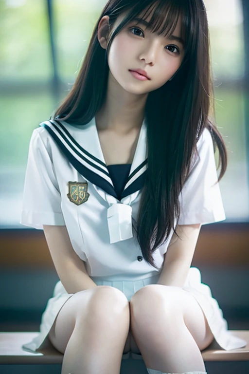 Ultra-realistic capture, Highly detailed, High resolution, Skin texture must be natural, With such detail that pores can be finely identified. Skin should look healthy, perfectly proportions, realistic, 8K, best quality, raw photo, 
1 beautiful Japanese girl, , high school girl, sailor uniform, roll up the skirt, White panties visible from under the skirt, Long glossy black hair, Clear and white skin,
taking a seat at a desk, school classroom, low angle full body shot,