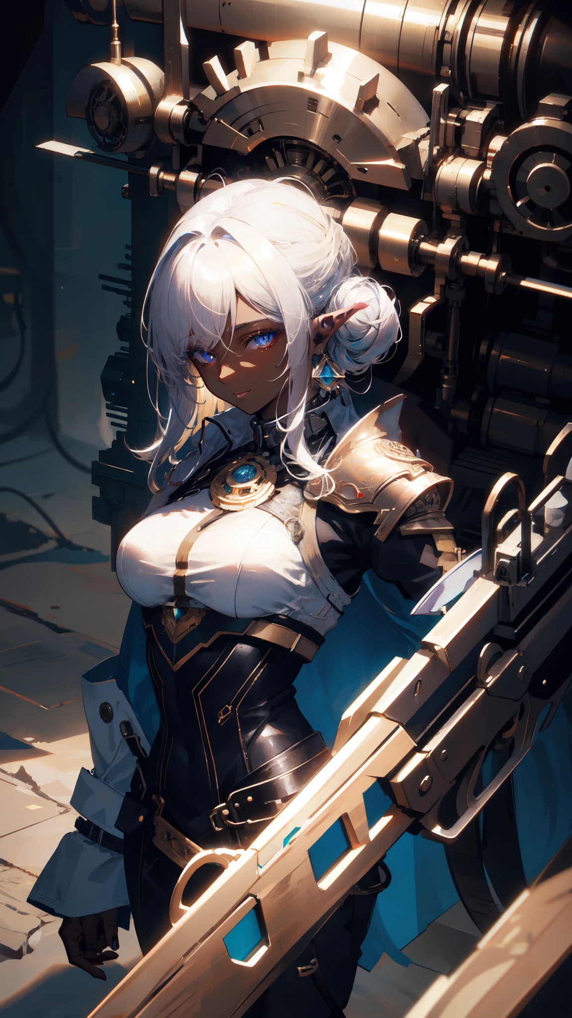((masterpiece )), (top quality), (best quality), ((ultra-detailed, 8k quality)), Aesthetics, Cinematic lighting, (detailed line art), Beautiful digital artwork, Exquisite digital illustration, absurdres, (best composition),
BREAK,
a female dark elf who is a scientist, (scientist clothes:1.2), (white jacket lab, Coat:1.2), glasses, (steampunk style:1.1), (holding of shimmering blue sea crystals), (background of scientific laboratory, laboratory, filled with tubes, bottles, and equipment), SteamPunkAI, CogPunkAI, cell shading, cinematic dramatic atmosphere, high quality cell shaded illustration in Fantasy steampunk style by Yoji Shinkawa, detailed and intricate environment, artstation, concept art, fluid and sharp focus, dynamic angle, by ((Mikimoto Haruhiko)),
BREAK,
highly detailed of (dark elf), (1girl), perfect face, details eye, parted, sidelock, hairbun,blonde white hair, violet eyes, eyelashes, eyeshadow, pink eyeshadow, smile, design art by Mikimoto Haruhiko, by Kawacy, By Yoshitaka Amano,
BREAK,
((perfect anatomy)), nice body, medium breast, (extremely detailed finger), best hands, perfect face, beautiful face, beautiful eyes, perfect eyes, (perfect fingers), correct anatomy, (Dark skin:1.2)