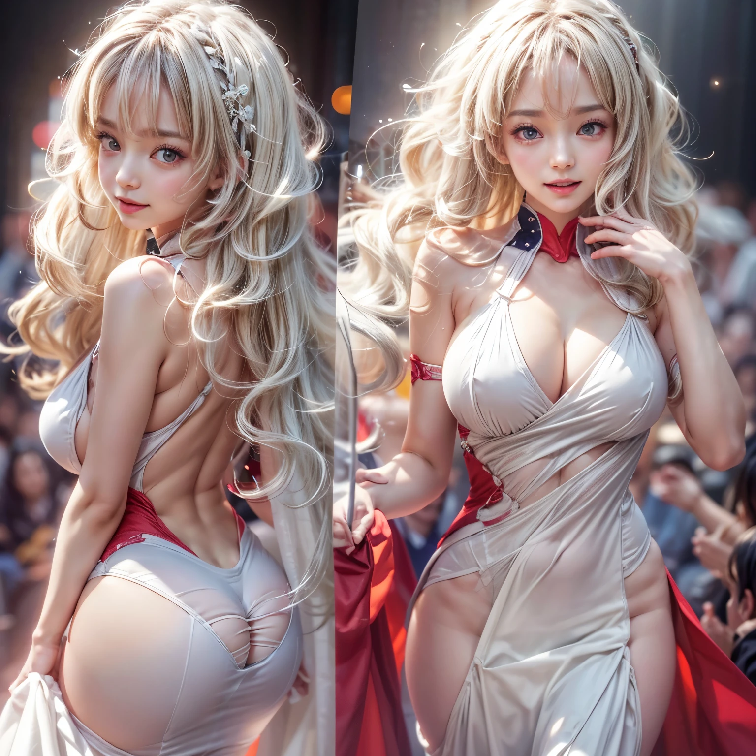 (NSFW:-0.9, nipple:-0.9, Acutance:0.85, White and Red, Mystic sight, (many Dazzling flush lights, lens flares, lens Ghost), Luminous Particles, many colorful Lights ) . (best quality, masterpiece:1.3, realistic, photorealistic, (analog photo:1.37), ultra detailed:1.3) . (Amazing KAWAII actress in Systemic), (Extremely detailed (KAWAII face variations)) with joyful expressions, oiled impeccable ivory skin, Biomechanical HUGE and HEAVY boob, pretty hips, (Exquisitely long dress with back cutouts), (Exposed backs, Overflowing sideboob), (award ceremony, Walking on stage, large crowd:1.4) . (((Ass focus, butt crack)))