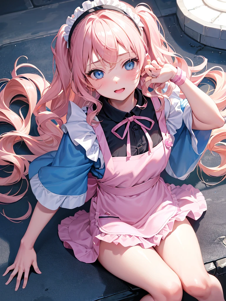 photo realistic, photo realistic, photo realistic, (masterpiece,best quality:1.4),(8k,raw photo,photo realistic:1.2),Not Safe for Work, detailed skin,detailed face,1girl,Japanese idol,cute face,
(((Pink apron dress))), pinafore, Mini skirt, White ruffle apron, happy;p, medium bob, sitting,, blonde hair, ((wavy hair)), Eyes are heart marks, Blue eyes, one eye closed, long hair, little girl, child, 14 yo, ((sling)), flat chest, ((beautiful legs)), beautiful hands, neck ribbon, wristband, arm garter, corsage, heart hands,
((close up to face, zoom in face)), ((face focus)), ((above shoulder)), (looking up to viewer), detailed background, perfect lighting, ((from just in front above)),pastel colour, sweets, candy, confection, soap bubbles,