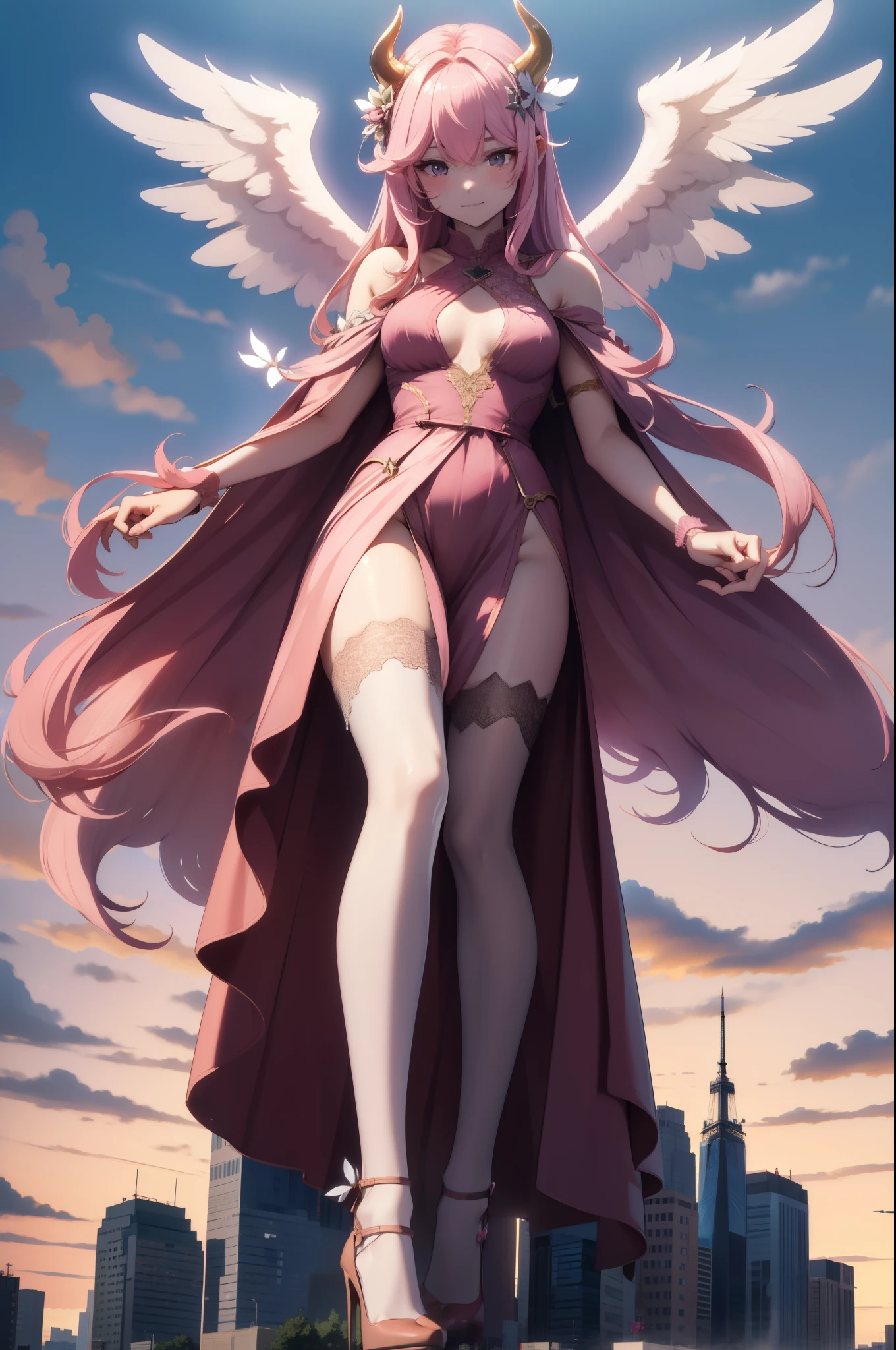 Aerial View,giant girl 50,000 feet high,Weight 1000kg,Have a pair of long legs,Has a pair of huge pink angel wings,With huge devil horns on his head,Has waist-length pink hair,loose hair,Pink wavy hair,Wearing a pair of pink Mary Jane high heels,Pink lace gloves,Pink lace pantyhose,粉色蕾丝whole body,Standing upright on a small city,Beautiful appearance,Exquisite makeup,quality,8k,高quality,Perfect proportion, Cinema lighting,film grain,Fuji colors,8k,textured skin,Super details,high detail,high resolution,fake smile,blood stains,脚底有blood stains,whole body,Obese,feather
