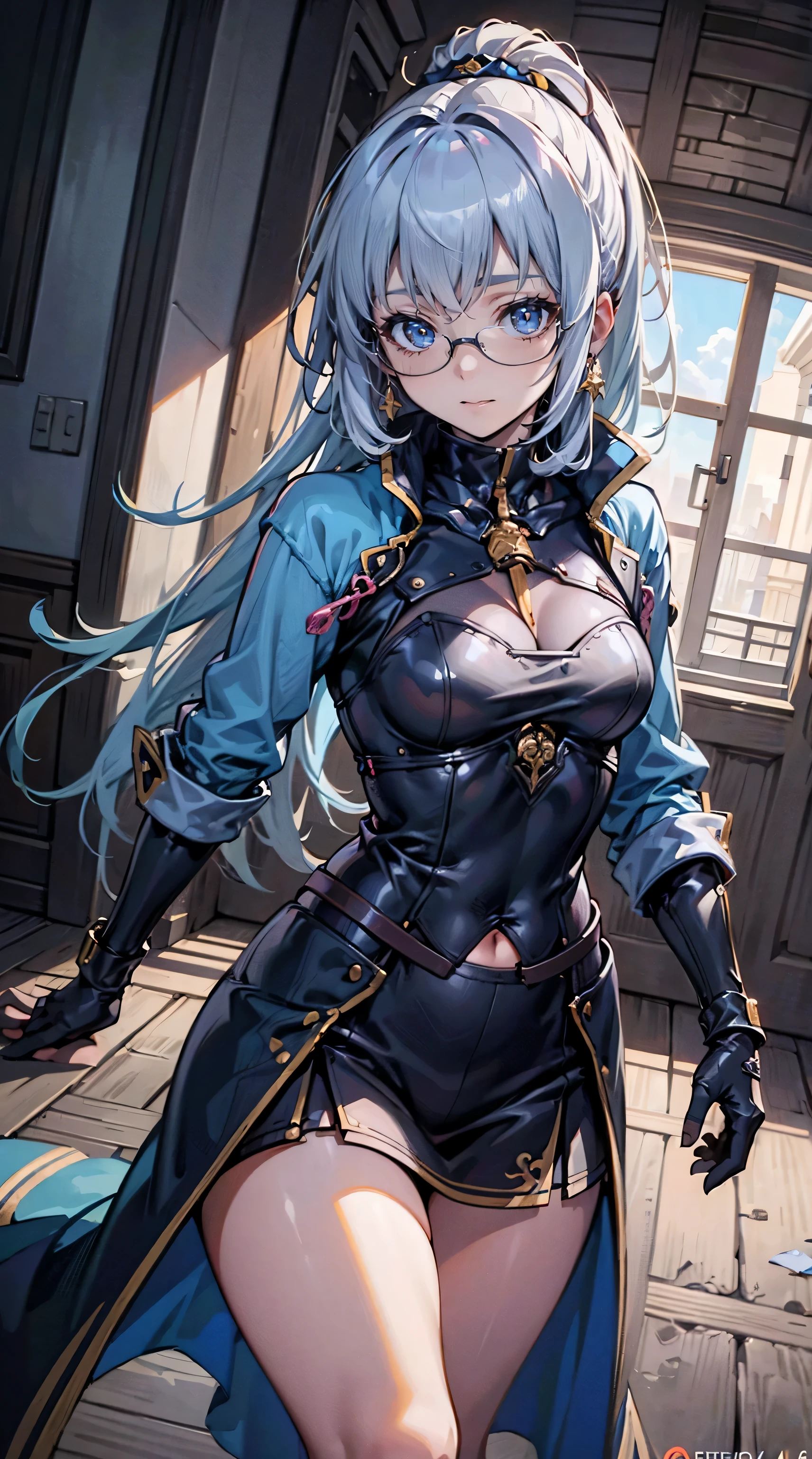 masterpiece, best quality, beautiful girl, white hair with blue inner color, light green eyes, dark blue military uniform, mature_female, eye_glasses, white gloves, anime, dark blue military hat, very_long_hair, perfect body, red ribbon, commander, science_fiction, black knee-high boots, white pencil skirt , cowboy_shot, best quality, large_breasts, ultra-detailed, high quality, modern military uniform, sci-fi, royal blue Trench Coat, one girl
