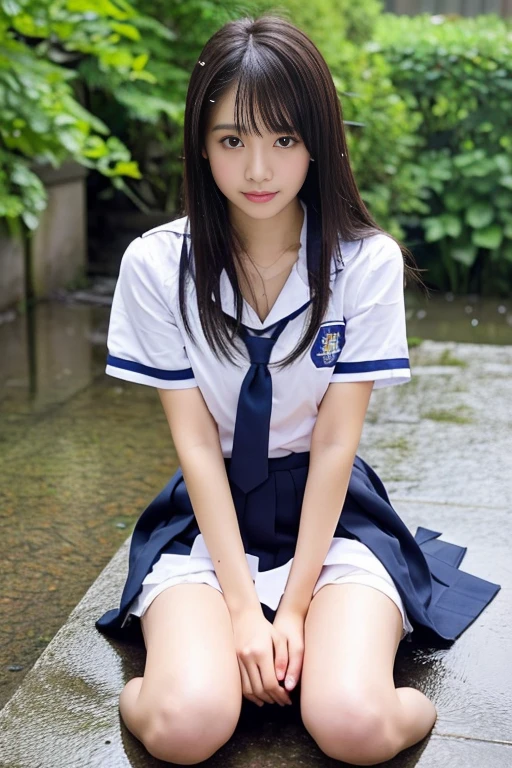 (masterpiece:1.3), (8K、photorealistic, Raw photo, best quality:1.2), (solo), (1 girl), (so beautiful:1.3), ((very beautiful 18 year old japanese girl)), Symmetrical perfect face, (wonderful smile), cheeks are red, (high detail skin: 1.2), Photorealistic anime girl rendering, Realistic anime 3d style, (beautiful brown hair), intense black eyes, strong eye highlights, (Accurate and natural normal size breasts), perfect anatomy, hair is messy, (sailor suit), ((white short-sleeved shirt with a navy collar, girls high school uniform, Plain pleated skirt in dark blue, navy blue bow tie, white knee socks, black leather shoes)), (Luxury white silk bra and panties), accurate arm, five fingers, accurate legs, refreshing morning, (Beautiful Landscape Background), (A wide lawn at a tourist spot on the plateau), sitting, ((lie down, flipped my skirt)), volume lighting, soft light, bright, neon, Bright colors