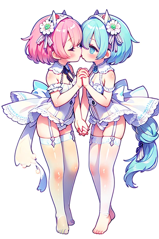ram and rem,(4girls:1.1),Ejaculate,Lots of Semen,Whole body,,Apply the milky white liquid that comes out of your breasts to your face,(holding hands:1.1),(kiss on the lips:1.1),Too cute,sweet,shy,Transparent pink garter stockings,whole body,barefoot,lace,pastel colors,Soft contrast,fair skin,The skin is delicate and shiny