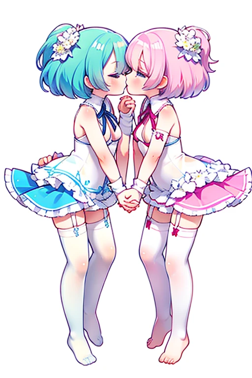 ram and rem,(4girls:1.1),Ejaculate,Lots of Semen,Whole body,,Apply the milky white liquid that comes out of your breasts to your face,(holding hands:1.1),(kiss on the lips:1.1),Too cute,sweet,shy,Transparent pink garter stockings,whole body,barefoot,lace,pastel colors,Soft contrast,fair skin,The skin is delicate and shiny
