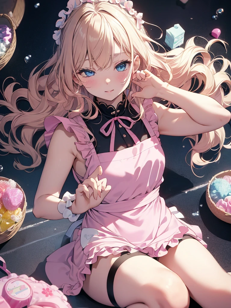 photo realistic, photo realistic, photo realistic, (masterpiece,best quality:1.4),(8k,raw photo,photo realistic:1.2),Not Safe for Work, detailed skin,detailed face,1girl,Japanese idol,cute face,
(((Pink apron dress))), pinafore, Mini skirt, White ruffle apron, happy;p, medium bob, sitting, blonde hair, ((wavy hair)), Eyes are heart marks, Blue eyes, one eye closed, long hair, little girl, child, 14 yo, ((sling)),  flat chest, ((beautiful legs)), beautiful hands, neck ribbon, wristband, arm garter, corsage, heart hands,
 ((close up to face, zoom in face)), ((face focus)), ((above shoulder)), (looking up to viewer), detailed background, perfect lighting, ((from just in front above)),pastel colour, sweets, candy, confection, soap bubbles,