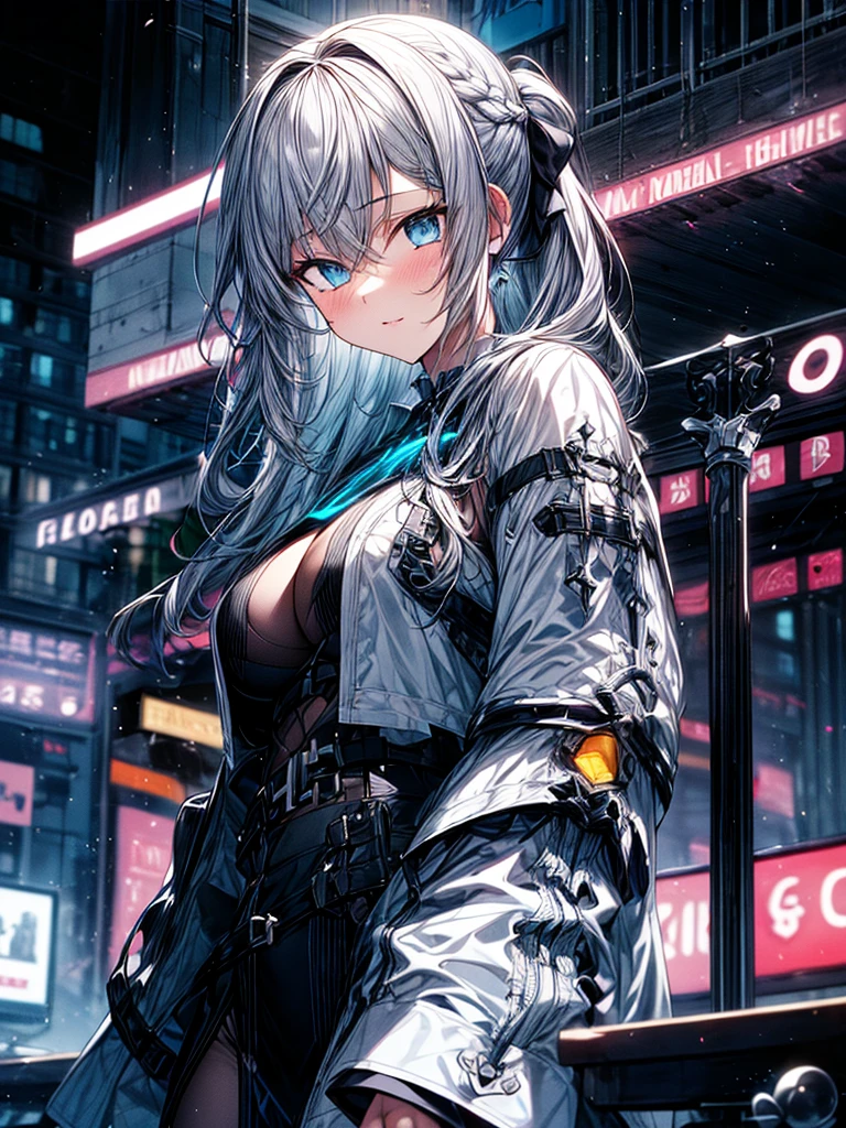 (Enrich the picture,Masterpiece level quality)Beautiful 8K CG artwork,1girl,solo,morgan le fay (fate),detailed face, perfect face, perfect eyes,blue eyes,Long Hair, pony tail,Very long hair, big boob, black bow,Hair Bow, thighs,side locks, French braid, grey hair,Slim and soft,big breasts,outdoors, night, neon lights,cyber punk,