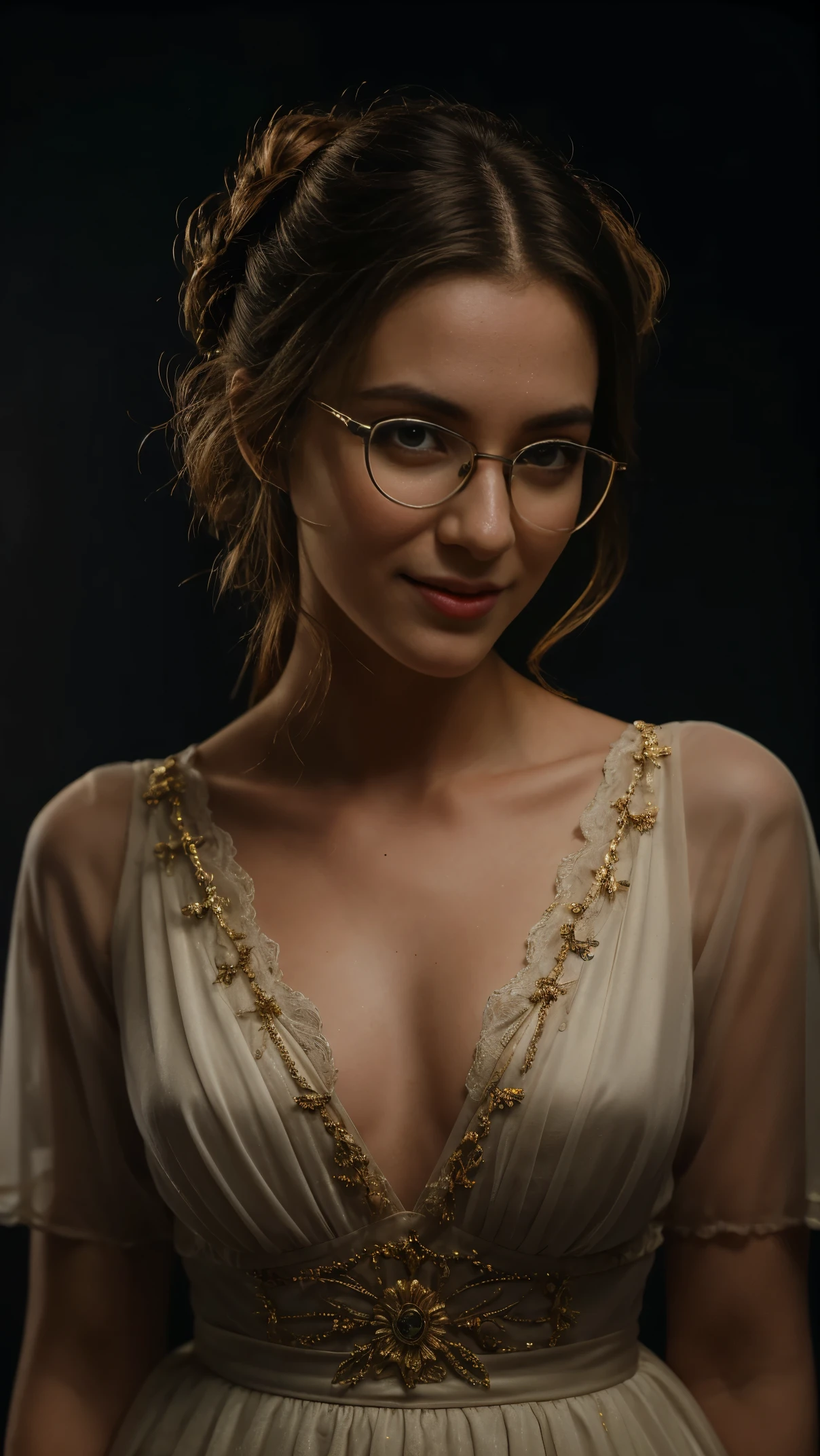 A portrait of girl, long distant view, gazing at no where, brown_eyes, perfect eyes, classic glasses, chalm, updo, detailed face, no makeup, real hands, detailed fingers, perfectly proportional, no makeup, wearing old traditional dress, simple pattern dress, sitting on the old chair, smiling mysteriously, keep the secret, masterpiece, bioluminescence, 8k Resolution, wonderfull, elegant, approaching perfection, dynamic, highly detailed, artistic, stunningly beautiful, gloomy dusry light from old Chandelier, masterpiece, highly realistic dark background, blurry_light_background, GiusyMeloni, BREAK, shot on a Hasselblad H6D-400c with a Voigtländer Nokton 55mm f2.5 lens, in the style of (Richard Avedon:1.4), BREAK,