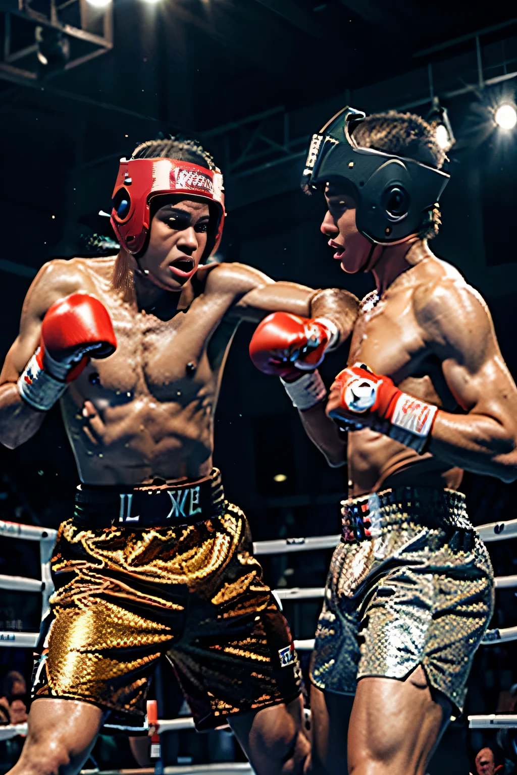 (original) , (very detailed wallpaper) , (best quality) , (masterpiece) , photographic reality, realistic, very detailed illustrations, (2 boys, 18 years old) , Indonesian male boxers, dark skinned,  (serious faces) , perfect detail, (best lighting) , (super complex details) , 
 (Professional boxing boys) , (boxing helmets on: 1.3), (aggressive punching to each other) , sweat, heavy breathing, (oppressive attack) , (boxing ring) , (both boxer wearing protective boxing helmets: 1.3), athletic shorts, (no shirts: 1.4), perfect detail, boxing gloves on, perfect limbs, impact, (shiny skin) , abs, muscles, waistline,boxing shorts, realistic boxing fight, boxing fight to the death, boxing blow, (boxing arena: 1.3), (fight on a big boxing event: 1.3), (super detailed CG: 1.2) , (8K: 1.2) , realistic, octane rendering