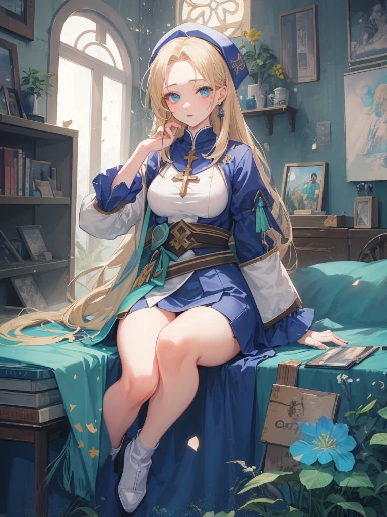 ((Mint Adnade from Tales of phantasia)), 1girl, solo, a priest, 18yo, blond long hair, ((straight hair)), deep blue eyes, Raising bangs, ((Forehead)), large tits, blue hat, ((blue long vestment)), have a oak cane, full body shot, she is spelling Healing magic,
masutepiece, Best Quality, (the Extremely Detailed CG Unity 8K Wallpapers), (Best Quality), (Best Illustrations), (Best Shadows),
(((Particle effect))), Isometric 3D, Octane Rendering, Ray tracing, super detailed,