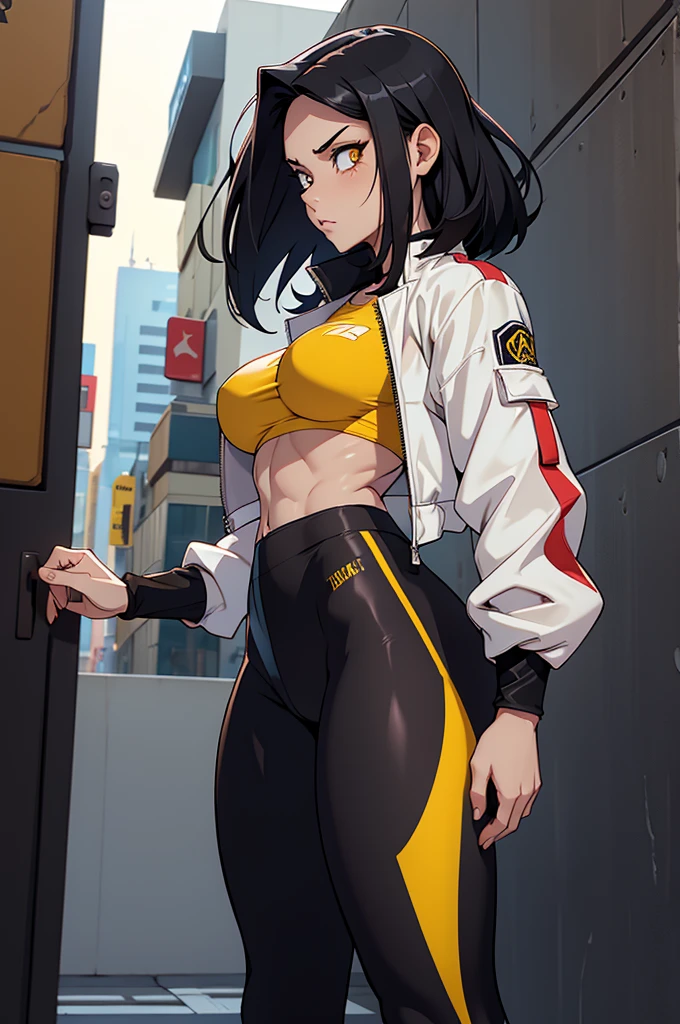 perfect anatomy girl muscular girl toned body girl large breasts girl thick girl angry girl best quality girl black hair girl yellow eyes girl pale girl pale girl,linda mulher morena, musculosa , usando short legging withe, meia calça preta, cabelo curto, belos olhos, olhos lindos, amarelos, camisa branca, jaqueta de couro preta, shorts, short legging white, cidade beco escuro pantyhose black