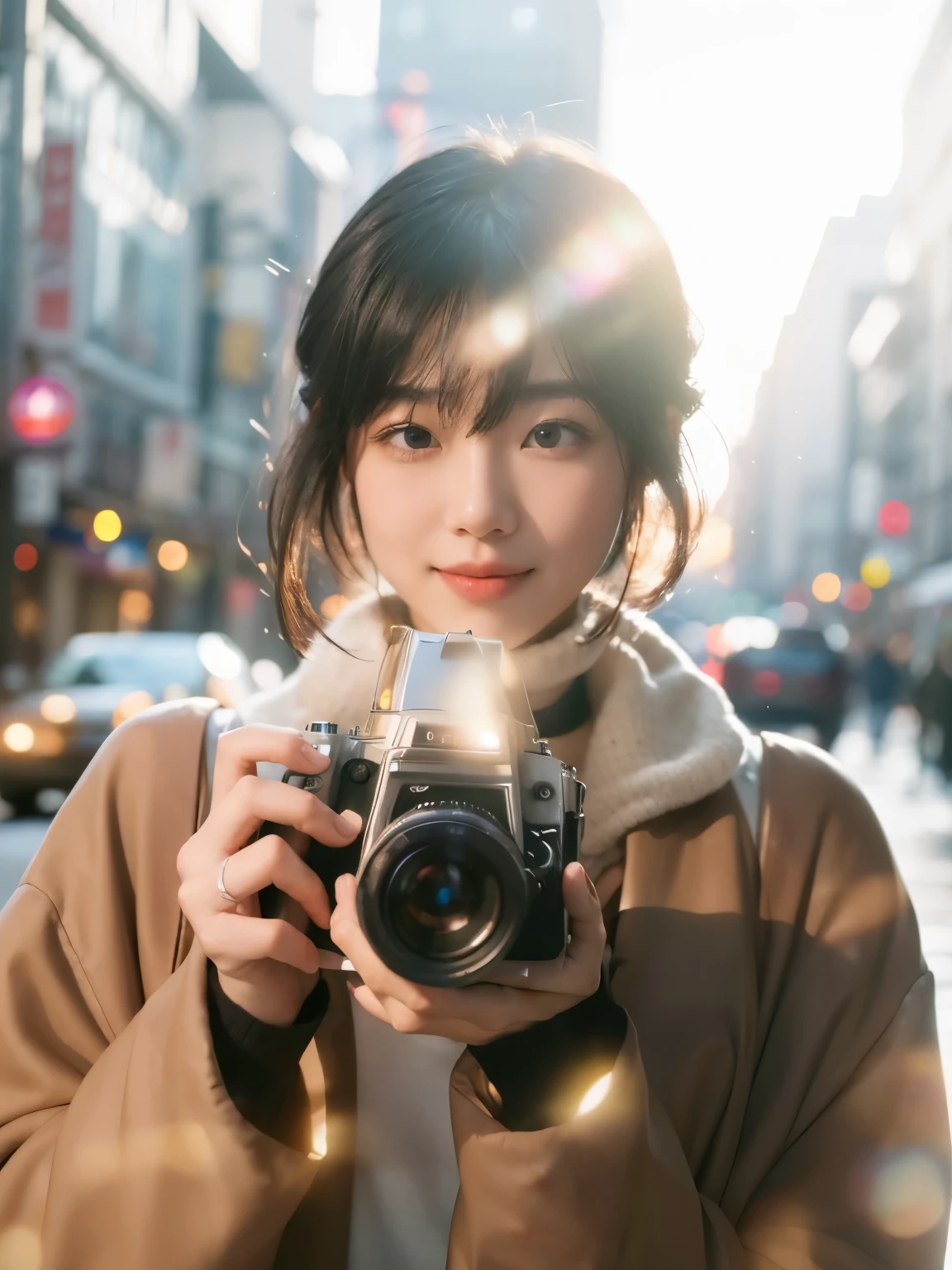 (Best quality, 8k, 32k, Masterpiece, UHD:1.2) "Generate an enchanting artwork featuring a young Japanese girl model with short, sleek black hair styled in a chic bob haircut. Picture her standing alone on a captivating street bathed in a magical, romantic ambiance. The model holds a vintage Rolleiflex camera, poised to take a picture, adding to the dreamy aesthetic. Surround the scene with vibrant bokeh lights that shimmer in various colors, creating a mesmerizing and whimsical atmosphere. Illuminate the setting with soft, warm lighting to enhance the magical feel. Ensure the surroundings exude a sense of quiet charm, perhaps with charming storefronts, glowing lanterns, or sparkling city lights in the distance. Capture the model in a candid yet elegant pose, encapsulating the enchantment and beauty of the moment in this dreamy, romantic setting."