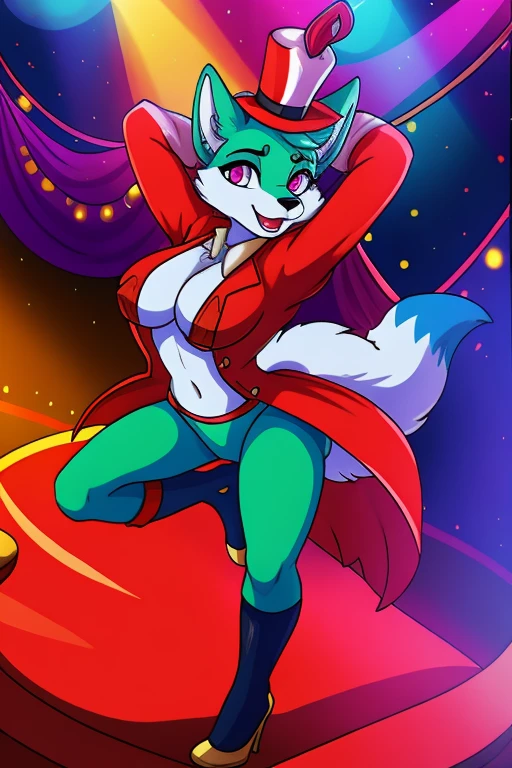 female anthro fox, mint green fur, pink eyes, ringmaster, circus, carnival, red and yellow, energetic atmosphere, carnivalia, mildly intense atmosphere, daring pose, blue bottoms, white gloves, red top, SFW,