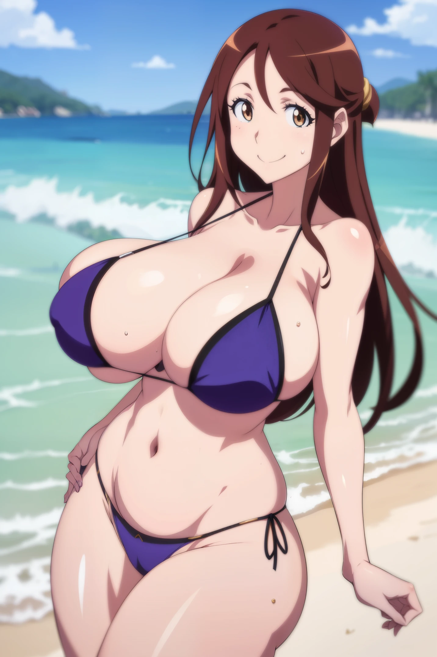 anime,anime cel style,anime style,Iida_Nana, High resolution, 1. Waman, mature woman, brown hair,brown eyes,smile, (huge breasts:1.2), bikini,beach