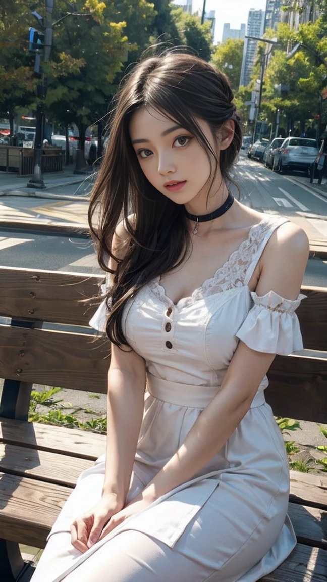 (masterpiece:1.3), 16k, high resolution, Very fine details,masterworks,(photorealistic, RAW photo, best quality: 1.4), authentic texture,Texture of skin and clothing, Beautiful college girl in the city,light makeup, red lips, brown hair, beautiful hair, (medium hair1.3), city background, elegant, Very fine details, masterworks, authentic texture, cinematic lighting realism, perfect work, 16k, high resolution, exquisite features, brown eyes, (Ultra-high resolution eye:1.1), Japanese idol, beautiful face, (gentle smile like a goddess) , attractive, big well-shaped breasts, beautiful cleavage,shiny skin,(White Linen off-shoulder summer mini dress:1.3), bright big eyes, smooth skin, (Heart shaped necklace),(Triangle ornament earrings),BREAK, (gentle smile like a goddess),sleeping position, (lie down and sleeping on a bench:1.3),(cross legs:1.3),(by the shopping street), shoot from above,
