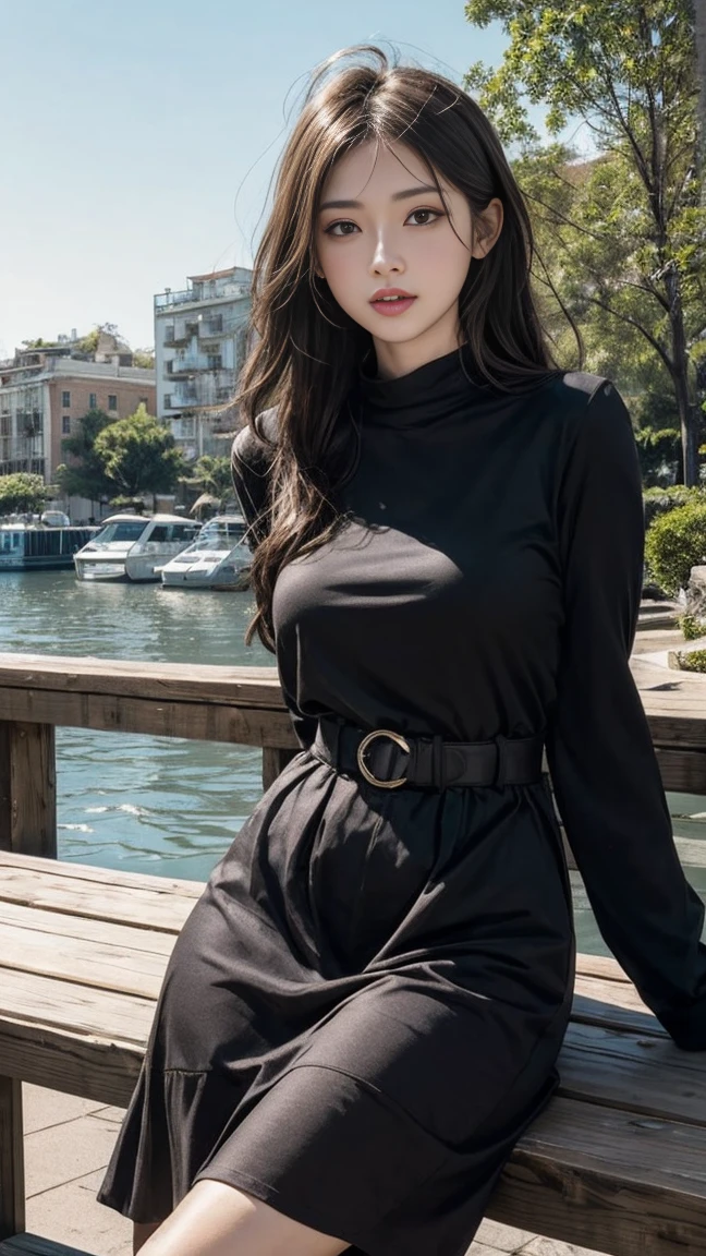 ulzzang-6500-v1.1, (RAW photo: 1.2), (Real photo), (Real photo: 1.4), 1 girl、Perfect anatomy、19 years old、Looking at the camera、Medium length hair、Uniform dress, watching the sunset, ((in the mountains: 1.1))、(Hyperrealistic tights: 1.2), (Business service)、Asian eyes Ella,