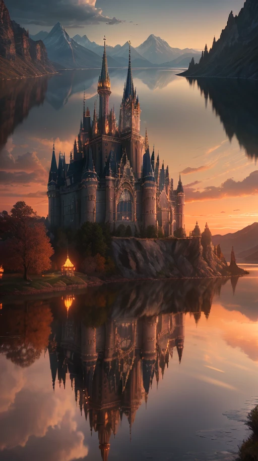 Masterpiece, best quality, high quality, extremely detailed CG unity 8k wallpapers, landscapes, perfect reflections, stunning water surfaces. Outdoors, sky, clouds, dusk, no humans, castle, gothic, visual paradox. Mountains, landscapes, water, trees, blood moons, waterfalls, cliffs, nature, lakes, rivers, cloudy skies, detail enhanced, detail enhanced, flawless. award winning photography, bokeh, depth of field, hdr, bloom, chromatic aberration, photorealism, highly detailed, intricate, high detail, dramatic, magic castle
