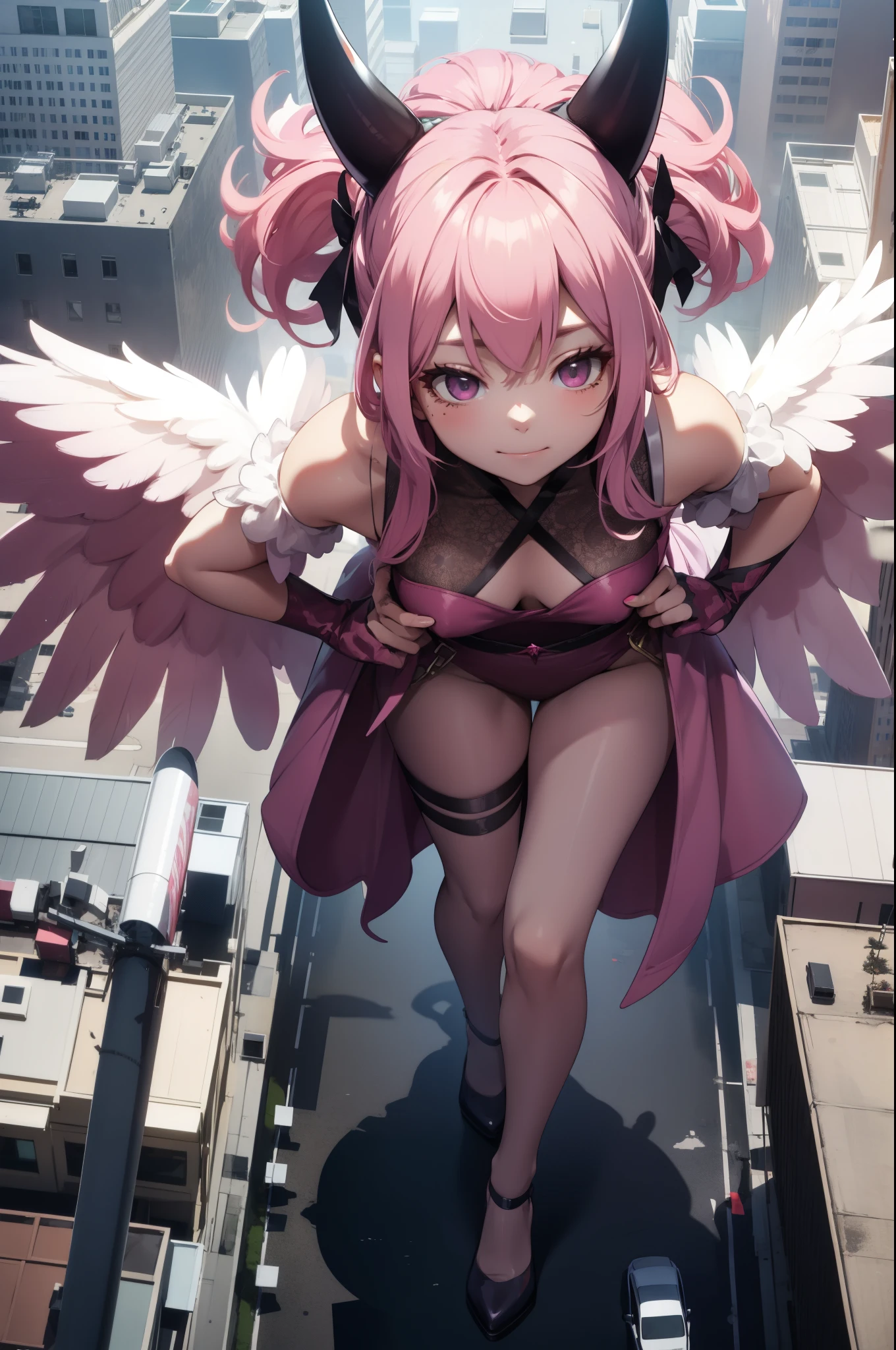 Aerial View,giant girl 50,000 feet high,Weight 1000kg,Have a pair of long legs,Has a pair of huge pink angel wings,With huge devil horns on his head,Has waist-length pink hair,loose hair,Pink wavy hair,Wearing a pair of pink Mary Jane high heels,Pink lace gloves,Pink lace pantyhose,粉色蕾丝whole body,Standing upright on a small city,Beautiful appearance,Exquisite makeup,quality,8k,高quality,Perfect proportion, Cinema lighting,film grain,Fuji colors,8k,textured skin,Super details,high detail,high resolution,fake smile,blood stains,脚底有blood stains,whole body,Obese,feather