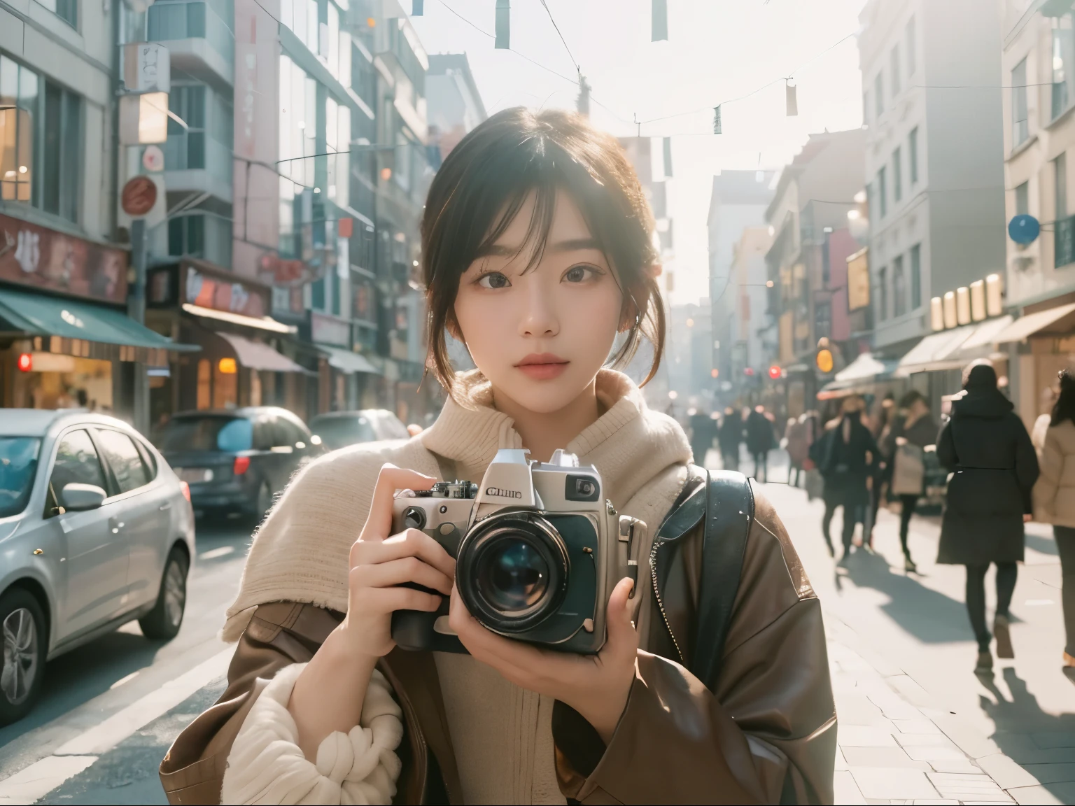 (Best quality, 8k, 32k, Masterpiece, UHD:1.2) "Generate an enchanting artwork featuring a young Japanese girl model with short, sleek black hair styled in a chic bob haircut. Picture her standing alone on a captivating street bathed in a magical, romantic ambiance. The model holds a vintage Rolleiflex camera, poised to take a picture, adding to the dreamy aesthetic. Surround the scene with vibrant bokeh lights that shimmer in various colors, creating a mesmerizing and whimsical atmosphere. Illuminate the setting with soft, warm lighting to enhance the magical feel. Ensure the surroundings exude a sense of quiet charm, perhaps with charming storefronts, glowing lanterns, or sparkling city lights in the distance. Capture the model in a candid yet elegant pose, encapsulating the enchantment and beauty of the moment in this dreamy, romantic setting."