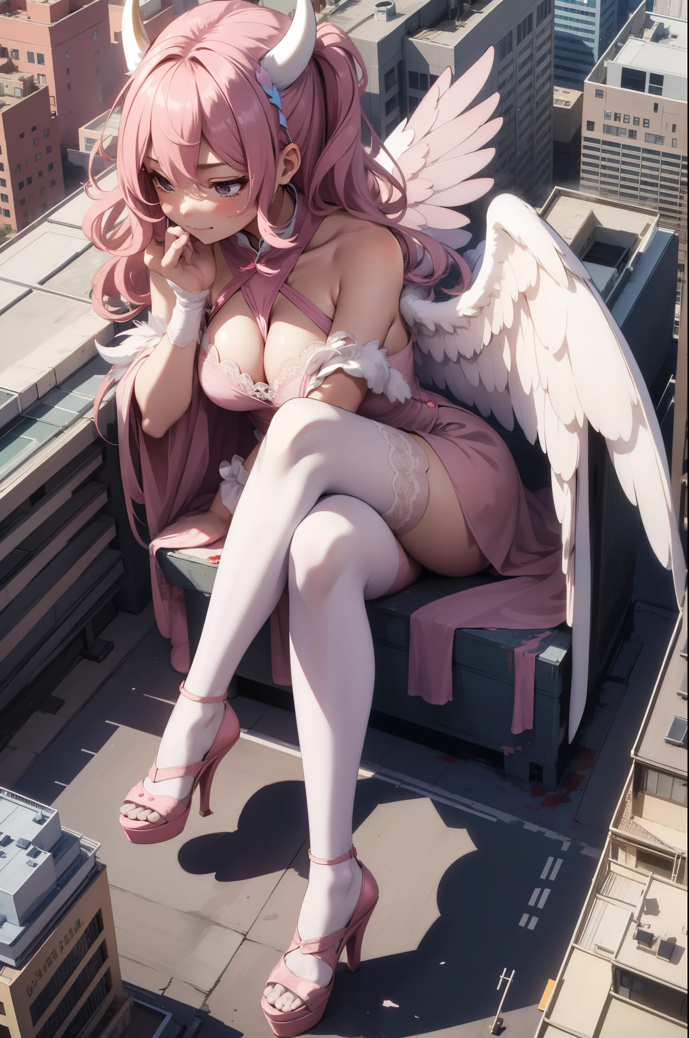 Aerial View,giant girl 50,000 feet high,Weight 1000kg,Have a pair of long legs,Has a pair of huge pink angel wings,With huge devil horns on his head,Has waist-length pink hair,loose hair,Pink wavy hair,Wearing a pair of pink Mary Jane high heels,Pink lace gloves,Pink lace pantyhose,粉色蕾丝whole body,Standing upright on a small city,Beautiful appearance,Exquisite makeup,quality,8k,高quality,Perfect proportion, Cinema lighting,film grain,Fuji colors,8k,textured skin,Super details,high detail,high resolution,fake smile,blood stains,脚底有blood stains,whole body,Obese,feather