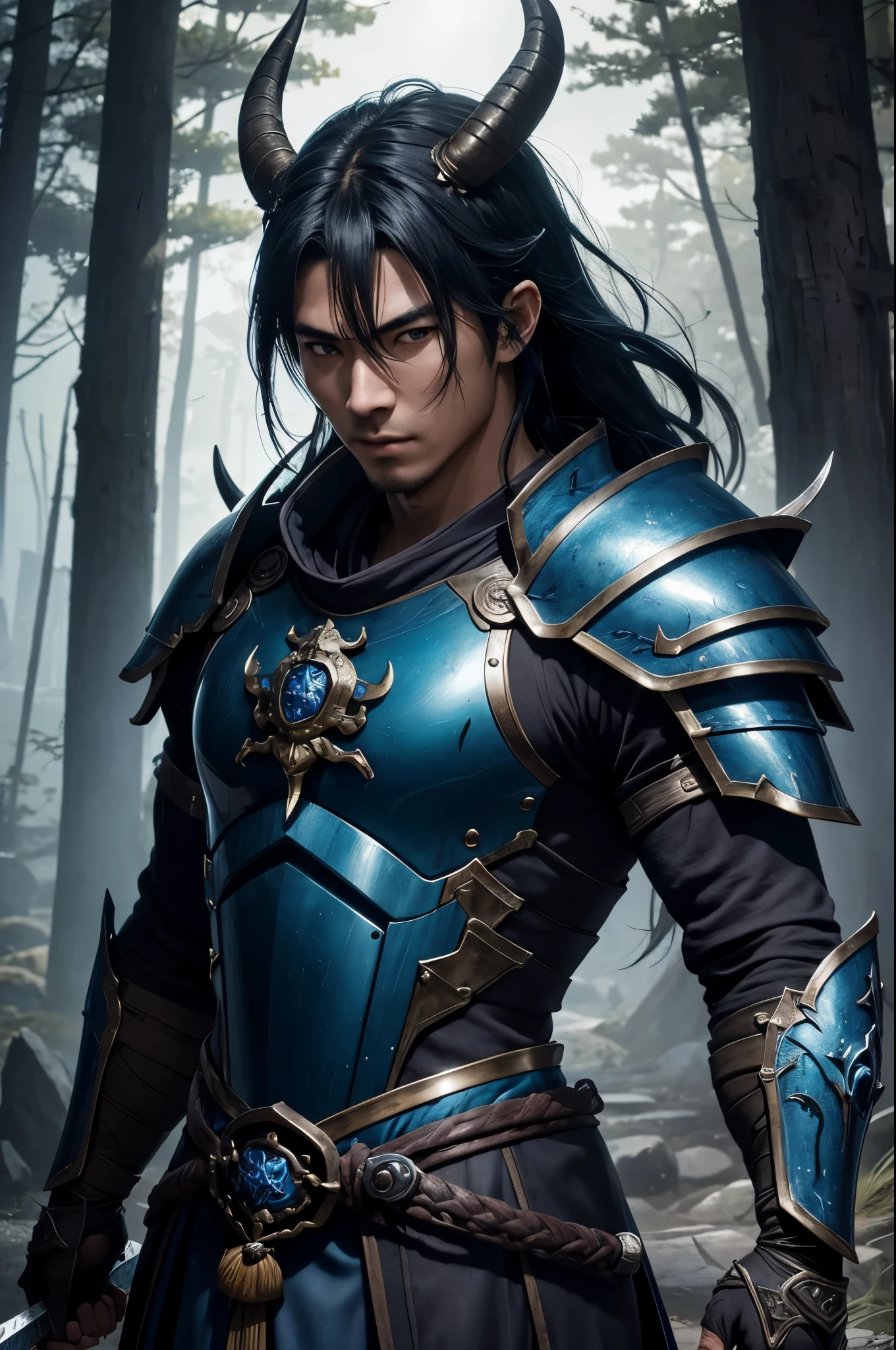 8K,young magical samurai,(Wearing a demon mask)、adult male,There are three horns on the head,solo、super handsome(like the real thing),blue realistic skin,Shining eyes,demon world swordsman costume,(Armed with a long and large sword)、magnificent artwork、((Kyoto panel painting style))、Wind effect:1.9、cloud effect:1.2、Blue and black armor,Full Rendering、Caustic soda coating、unreal engine、Glaring at the viewer,fantasy art,character art,ultra high resolution,Super realistic,blue nails,大きな牙がbornえている,Ruins in the forest,photorealistic,rich colors, Backlight, cinematic lighting, film grain, born, 50mm lens, Nikon D850,Blue skin,Male, 22 years old,Three horns,額から角がbornえている,light armor,brown and black armor,