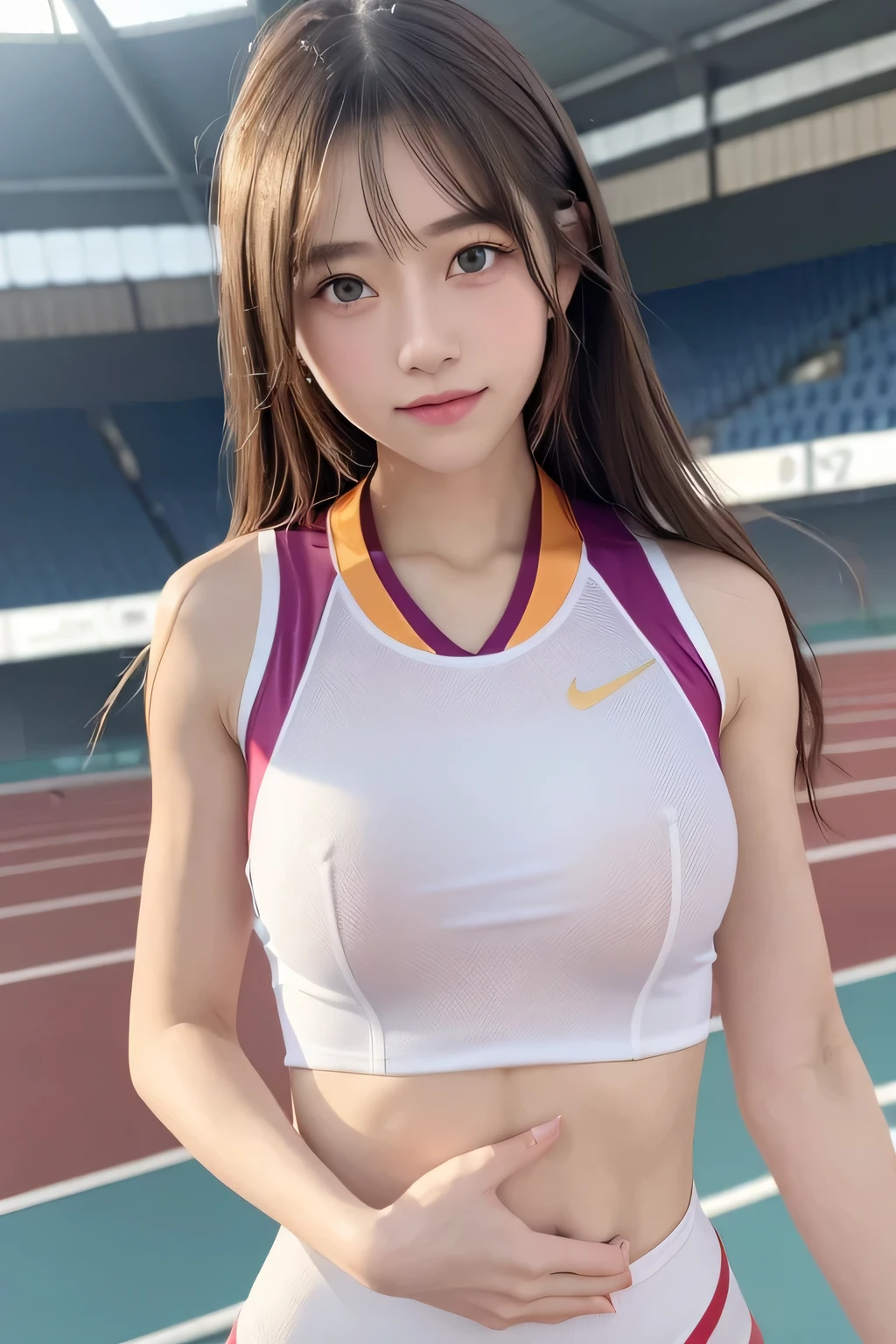 table top、masterpiece、highest quality、super detailed、High resolution、High resolution、8K portrait、Unity 8k壁紙のhigh detailCG、unity 8k wallpaper、Highly detailed CG Unity 8K wallpaper、lively、real person、cute、 portrait photography、shiny skin、high detail、(:1.2)、(1 girl)、beautiful clear eyes、Super detailed description、delicate face、nice lips、slender body、big breasts thin waist、thin legs、(athletics stadium:1.6)、(big breasts:1.4)、(Colorful athletics uniforms:1.4)、(No sleeve:1.4)、(nipples are visible:1.4)、(big smile:1.2)、(abs:1.5)