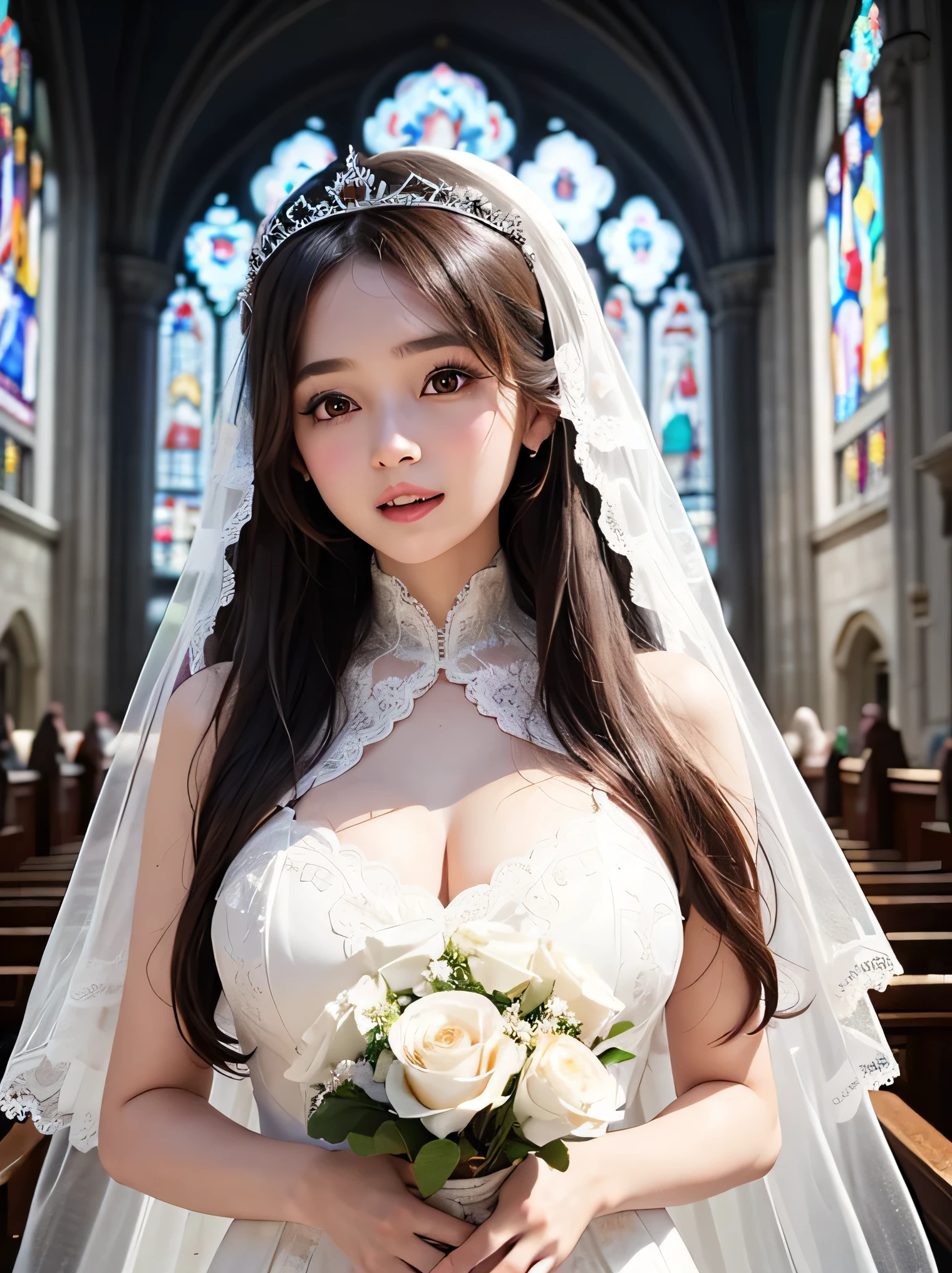 fantasy、long hair、brown hair、cute woman、white skin、white skin、Transparency、church、indoor、Rose、Wedding dress、all lace dress、veil、tiara、thin eyebrows、Rounded face、happiness、bouquet、big breasts、、the light is soft