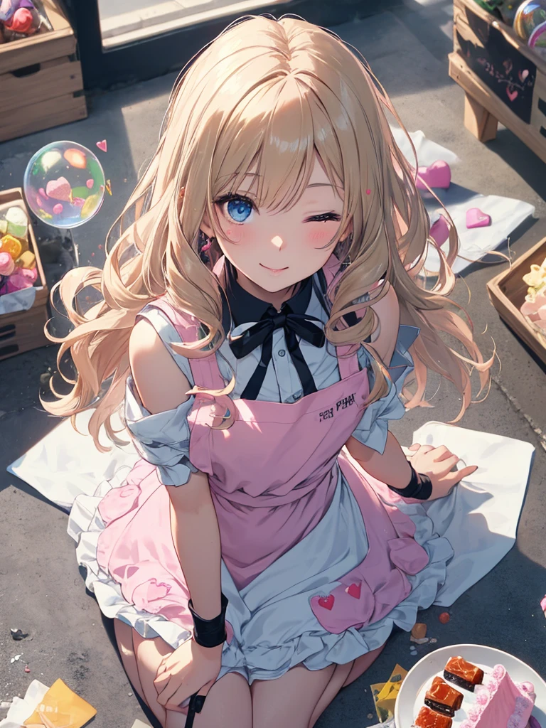 photo realistic, photo realistic, photo realistic, (masterpiece,best quality:1.4),(8k,raw photo,photo realistic:1.2),Not Safe for Work, detailed skin,detailed face,1girl,Japanese idol,cute face,
(((Pink apron dress))), pinafore, Mini skirt, White ruffle apron, happy;p, medium bob, sitting,, blonde hair, ((wavy hair)), Eyes are heart marks, Blue eyes, one eye closed, long hair, little girl, child, 14 yo, ((sling)), flat chest, ((beautiful legs)), beautiful hands, neck ribbon, wristband, arm garter, corsage, making sweets,
((close up to face, zoom in face)), ((face focus)), ((above shoulder)), (looking up to viewer), detailed background, perfect lighting, ((from just in front above)),pastel colour, sweets, candy, confection, soap bubbles, big cake,heart background,