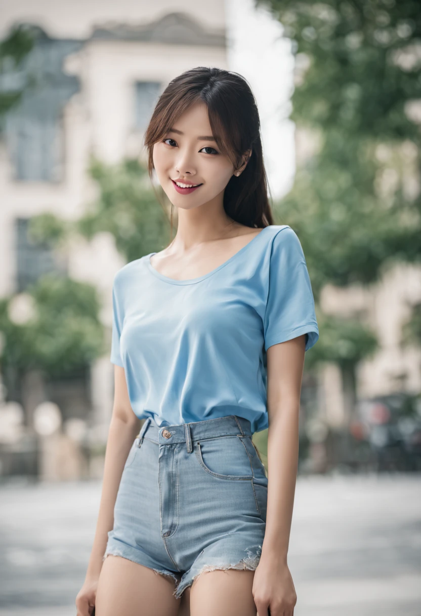 araffe woman in blue shirt and jeans taking a selfie, blue tight tshirt, tight shirt, wearing tight shirt, wearing tight simple clothes, wearing a cute top, smooth blue skin, attractive pose, with blue skin, she is facing the camera, taken with canon eos 5 d, gorgeous young korean woman, wearing a light blue shirt, blue shirt