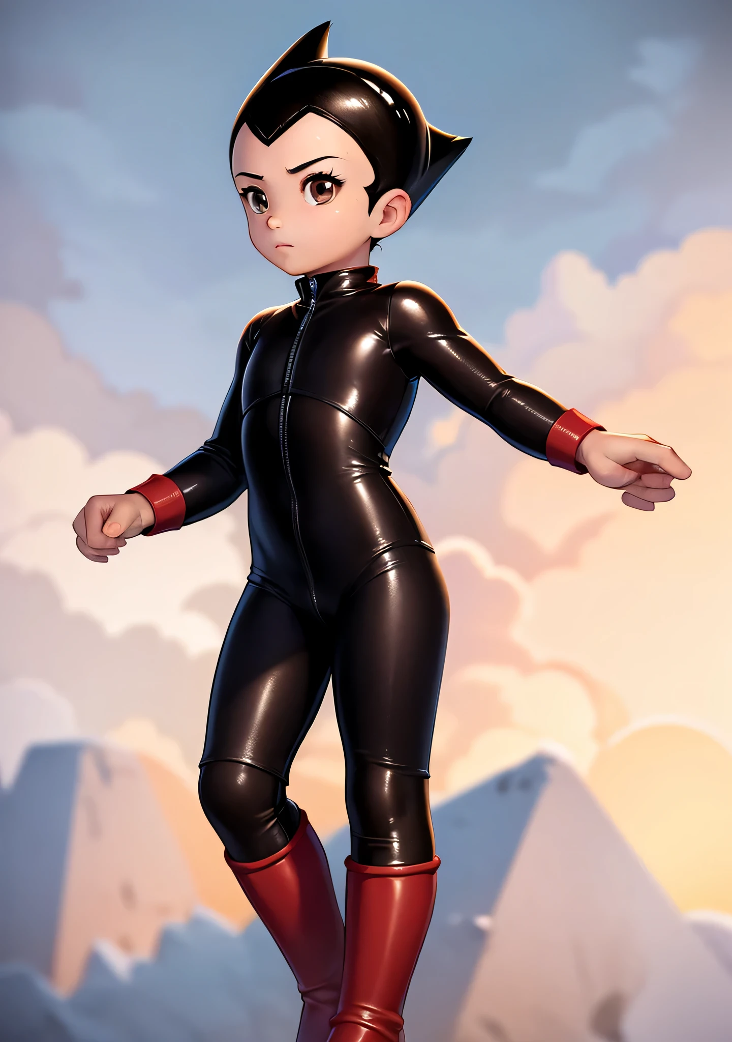 ((best quality)), ((masterpiece)), (detailed), safe, solo, 1boy, perfect face, full body image of Astro Boy, brown eyes, wearing a shiny black catsuit and red boots