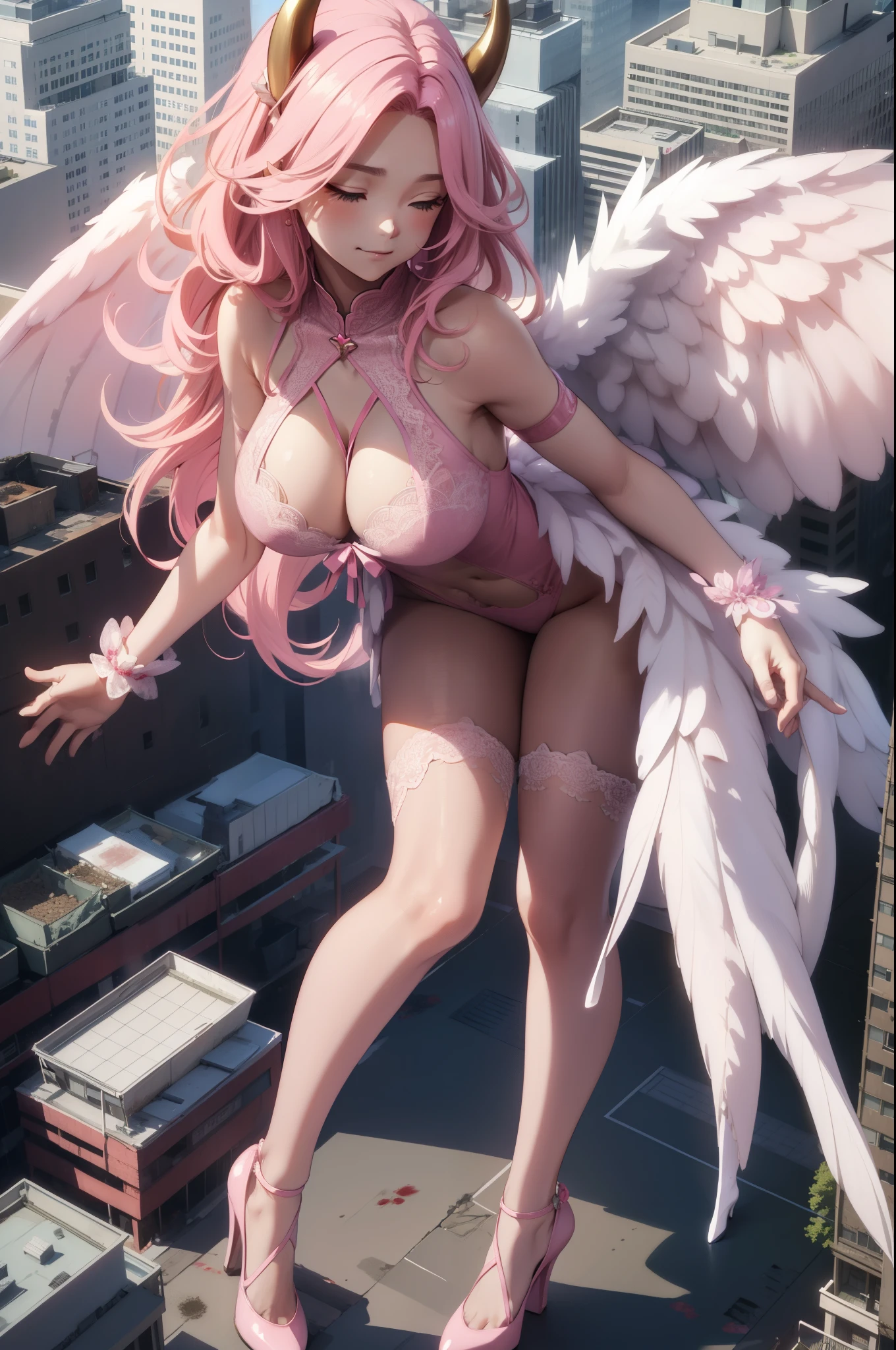 Aerial View，giant girl 50,000 feet high，Weight 1000kg，Have a pair of long legs，Has a pair of huge pink angel wings，With huge devil horns on his head，Has waist-length pink hair，loose hair，Pink wavy hair，Wearing a pair of pink Mary Jane high heels，Pink lace gloves，Pink lace pantyhose，粉色蕾丝whole body，Standing upright on a small city，Beautiful appearance，Exquisite makeup，quality，8k，高quality，Perfect proportion, Cinema lighting，film grain，Fuji colors，8k，textured skin，Super details，high detail，high resolution，fake smile，blood stains，脚底有blood stains，whole body，Obese，feather