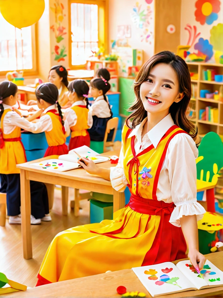 A continuation of the charming and cute depiction of a dream girlfriend as a  teacher, focusing on her photogenic and picturesque qualities. She displays a radiant smile, exuding a sense of spring warmth and happiness, uplifting the spirits of everyone, especially children. As an embodiment of wisdom, beauty, and diligence, she interacts playfully with the children in the colorful and vibrant kindergarten classroom. She is wearing a cute, professional outfit suitable for a teacher, with her hair styled in a simple, charming manner. The classroom is filled with educational toys, colorful decorations, and children's artwork, creating a joyful and lively atmosphere. The scene captures her engaging presence, showcasing her as a delightful, intelligent, and adorable kindergarten teacher., (花卉水彩画:1.5)，(Super high saturation, bright and vivid colors:1.5), (nsfw), (正面看着观众:1.5)