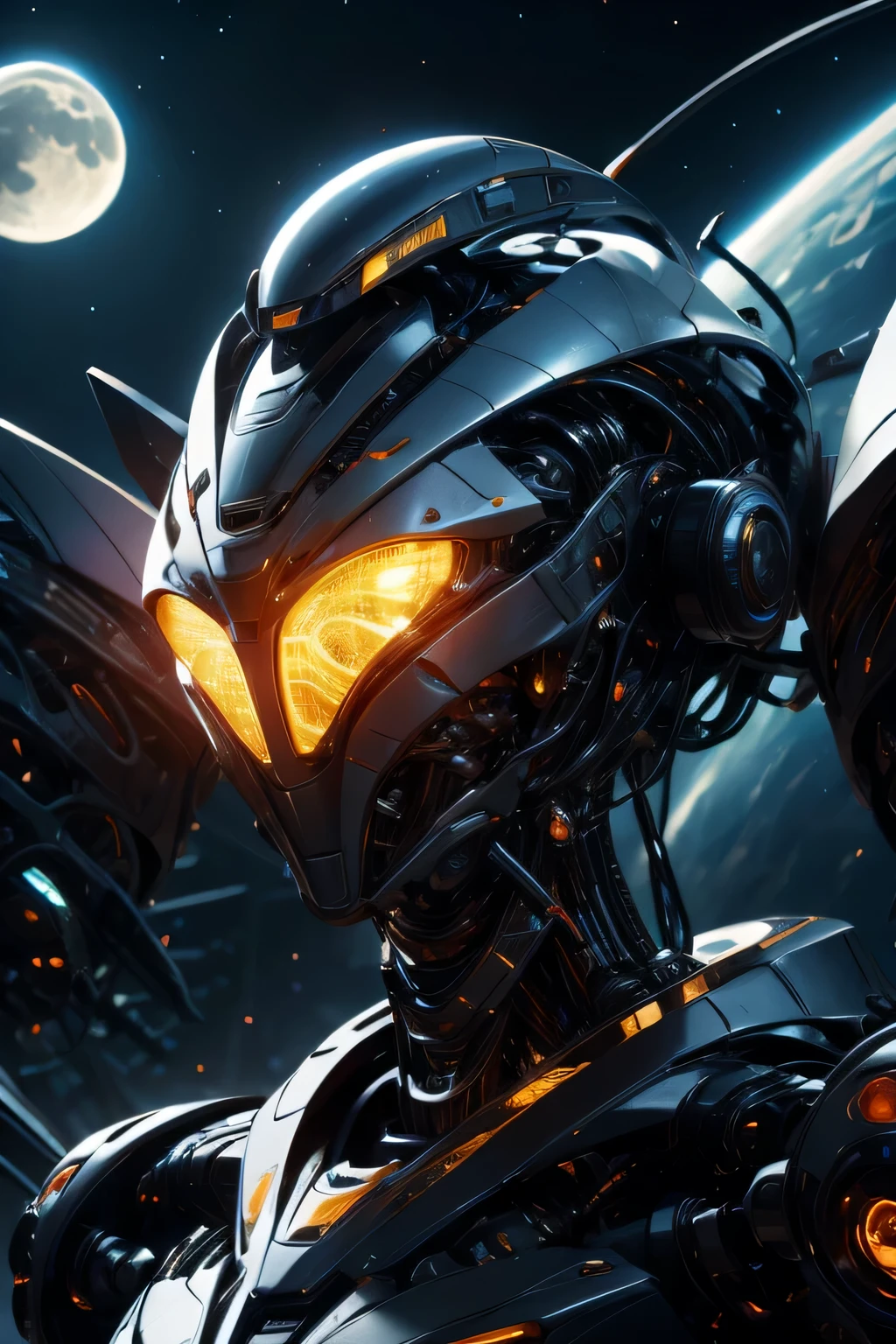 CG Mecha、beautiful eyes、Upper body、woman、100mmPhotographed with a lens、Portrait、robot、white orange armor、neon、8K、born、Highest image quality、muste piece、ultra high resolution、colorful、(Medium-wide)、(Dynamic Perspective)、sharp focus、(Depth of bounds written)、highly detailed eyes and face、beautiful detailed eyes、Black gold、trimming gear:1.2)、((muste piece、Highest image quality))、detailed background、Inside the spacecraft、gray hair、Luminescent、full moon、gtx4090、stand up、matrix、fantasy,Crescent Moon、abyss、perfect form