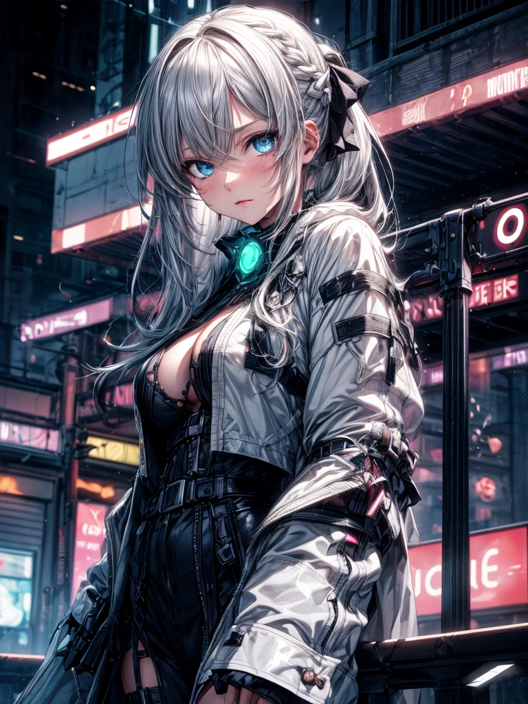（Enrich the picture，Masterpiece level quality）Beautiful 8K CG artwork,1girl,solo,morgan le fay (fate),detailed face, perfect face, perfect eyes,blue eyes,Long Hair, pony tail,Very long hair, big boob, black bow,Hair Bow, thighs,side locks, French braid, grey hair,Slim and soft,big breasts,outdoors, night, neon lights,cyber punk,