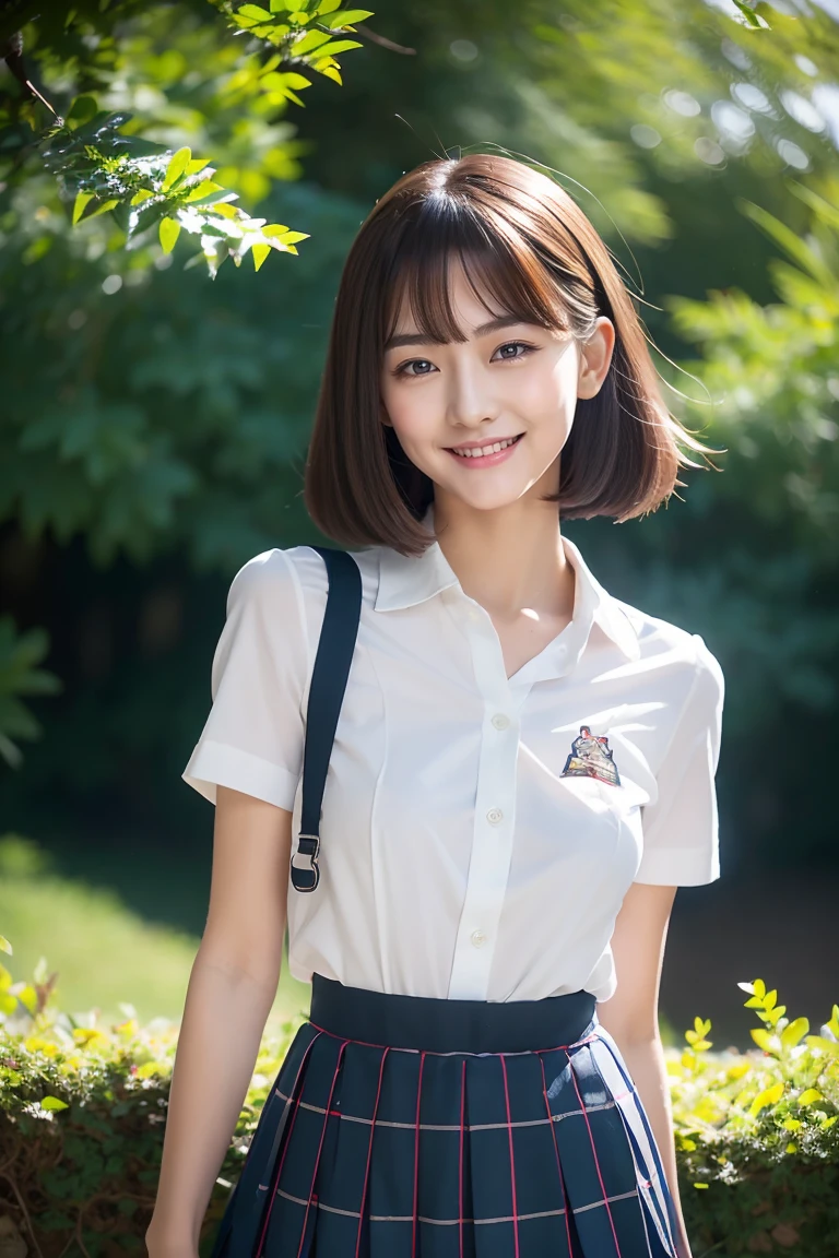 (highest quality, masterpiece:1.2), highest quality, High resolution, 1080P, 8K, Height: 158cm, ((A very intelligent, very noble, pretty and neat Japanese beautiful girl fashion model. . Looking at the audience. Realistic fashion model)), ((((White face with plump cheeks)))), Glossy lips, (Evenly cut bangs), ((Very beautiful dark eyes)), The very large, shiny, wide red ribbon bow-tie on her chest is very cute., ((Black Hair)), ((very short bobbed hair)), (((Cream colored blouse))), A neat uniform, Very lustrous, glossy lips, Open hand over open mouth, Beautiful hair like a hair model, Cream colored long skirt, Watching the viewer and laughing, ((Incredibly well organized, The expression is rich. plump and beautiful skin and face)), ((Pure and clear eyes)), Long eyelashes, ((laughing at me!)), A ruffled blouse will highlight the shadows., Glossy Lips, Advertisement of Japanese girl's neat school fashion, ((noble and neat)), ((fascinating like succubus)), ((pink garden)