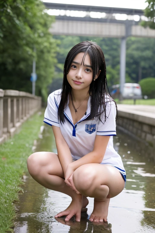 ((highest quality)), ((masterpiece)), 18 year old real Japanese beautiful high school girl、Summer school uniform、beautiful thighs、40cm miniskirt above the knee、My hair is wet from the heavy rain、Transparent due to heavy rain、My chest is wet from the heavy rain、short open chest shirt、Beautiful small cleavage、squat with legs apart、Being held by a man、My underwear gets wet from urinating