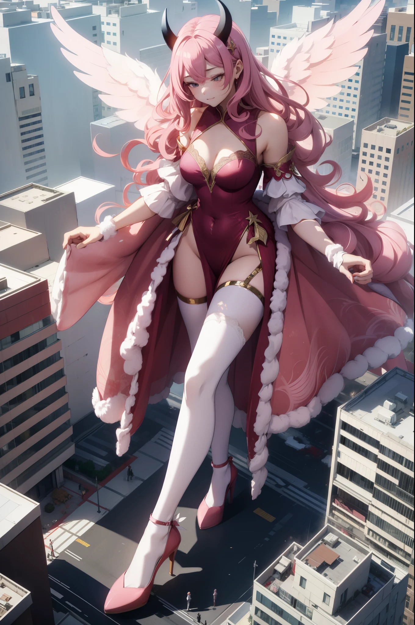 Aerial View，giant girl 50,000 feet high，Weight 1000kg，Have a pair of long legs，Has a pair of huge pink angel wings，With huge devil horns on his head，Has waist-length pink hair，loose hair，Pink wavy hair，Wearing a pair of pink Mary Jane high heels，Pink lace gloves，Pink lace pantyhose，粉色蕾丝whole body，Standing upright on a small city，Beautiful appearance，Exquisite makeup，quality，8k，高quality，Perfect proportion, Cinema lighting，film grain，Fuji colors，8k，textured skin，Super details，high detail，high resolution，fake smile，blood stains，脚底有blood stains，whole body，Obese，feather