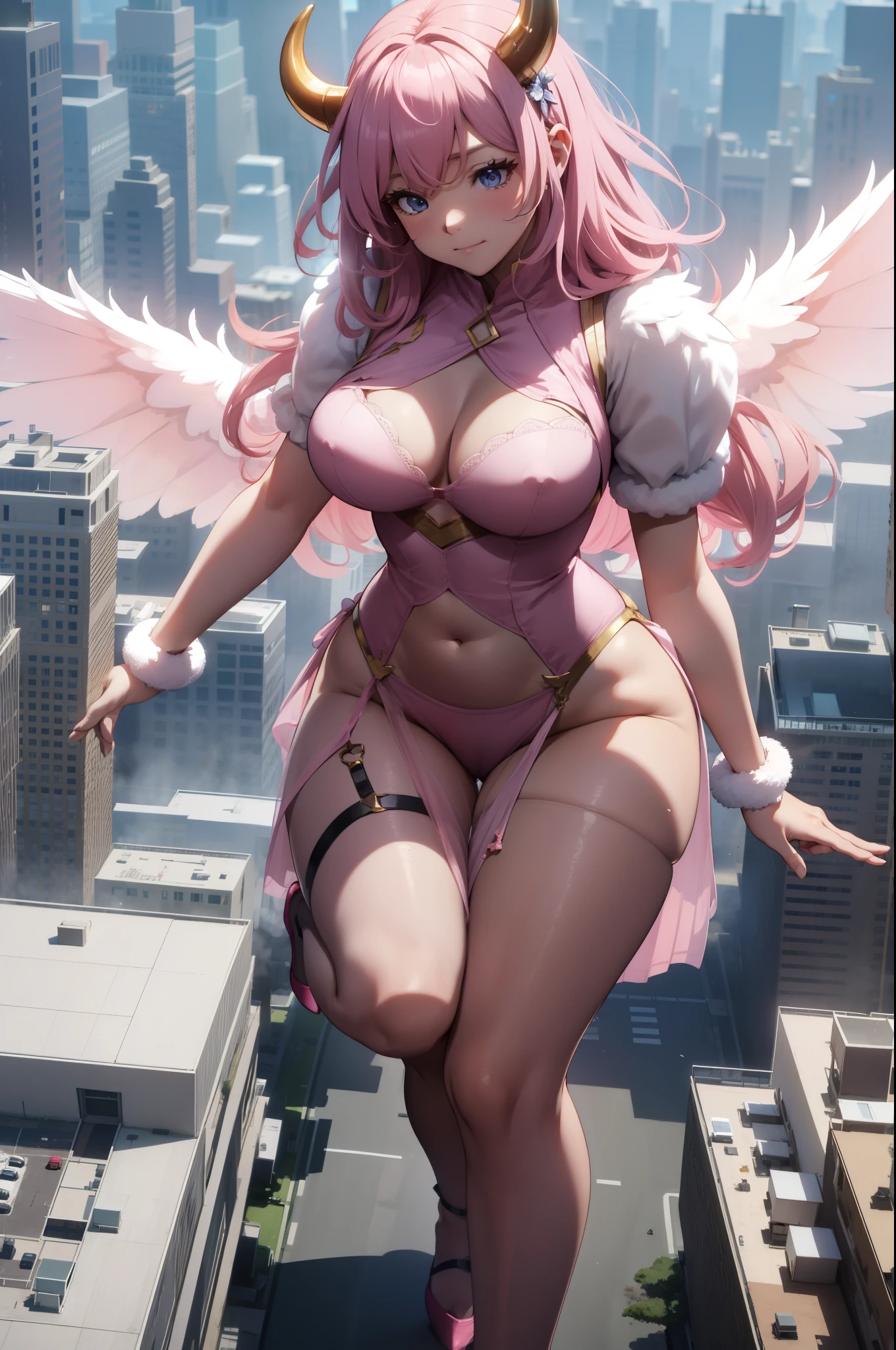 Aerial View，giant girl 50,000 feet high，Weight 1000kg，Have a pair of long legs，Has a pair of huge pink angel wings，With huge devil horns on his head，Has waist-length pink hair，loose hair，Pink wavy hair，Wearing a pair of pink Mary Jane high heels，Pink lace gloves，Pink lace pantyhose，粉色蕾丝whole body，Standing upright on a small city，Beautiful appearance，Exquisite makeup，quality，8k，高quality，Perfect proportion, Cinema lighting，film grain，Fuji colors，8k，textured skin，Super details，high detail，high resolution，fake smile，blood stains，脚底有blood stains，whole body，Obese，feather