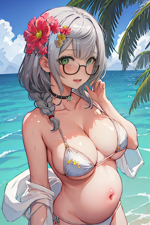 best quality, masterpiece, highres, solo, {noelle_genshin:1.15}, bangs, green_eyes, grey_hair, breasts, braid, blush, short_hair, smile, cleavage, large_breasts, hair_ornament, flower, hair_flower, virtual_youtuber, upper_body, wavy_hair, 1girl, eyewear_on_head, looking_at_viewer, swimsuit, bikini, blue_sky, day, outdoors, sky, cloud, medium_hair, collarbone, sunglasses, hair_between_eyes, open_mouth, bare_shoulders, navel, ocean, pregnant 