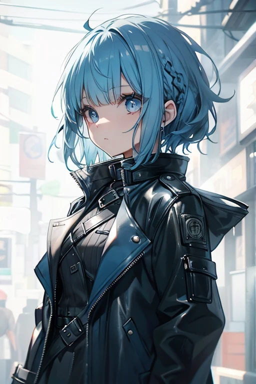 a blue haired girl with blue eyes is wearing a leather coat