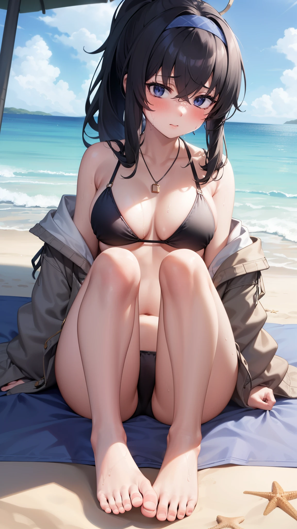 1girl,dark circles,Kozeki Ui,shaded,((black bikini)),blush,heavy breathing,steam,cleavage,((high ponytail)),pendant,sweating,bellybuttom,jacket half off shoulder,on beach,((Sitting on the floor holding your knees)),legs,bare legs,((feet)),((five toes)),under the beach umbrella, backlighting,