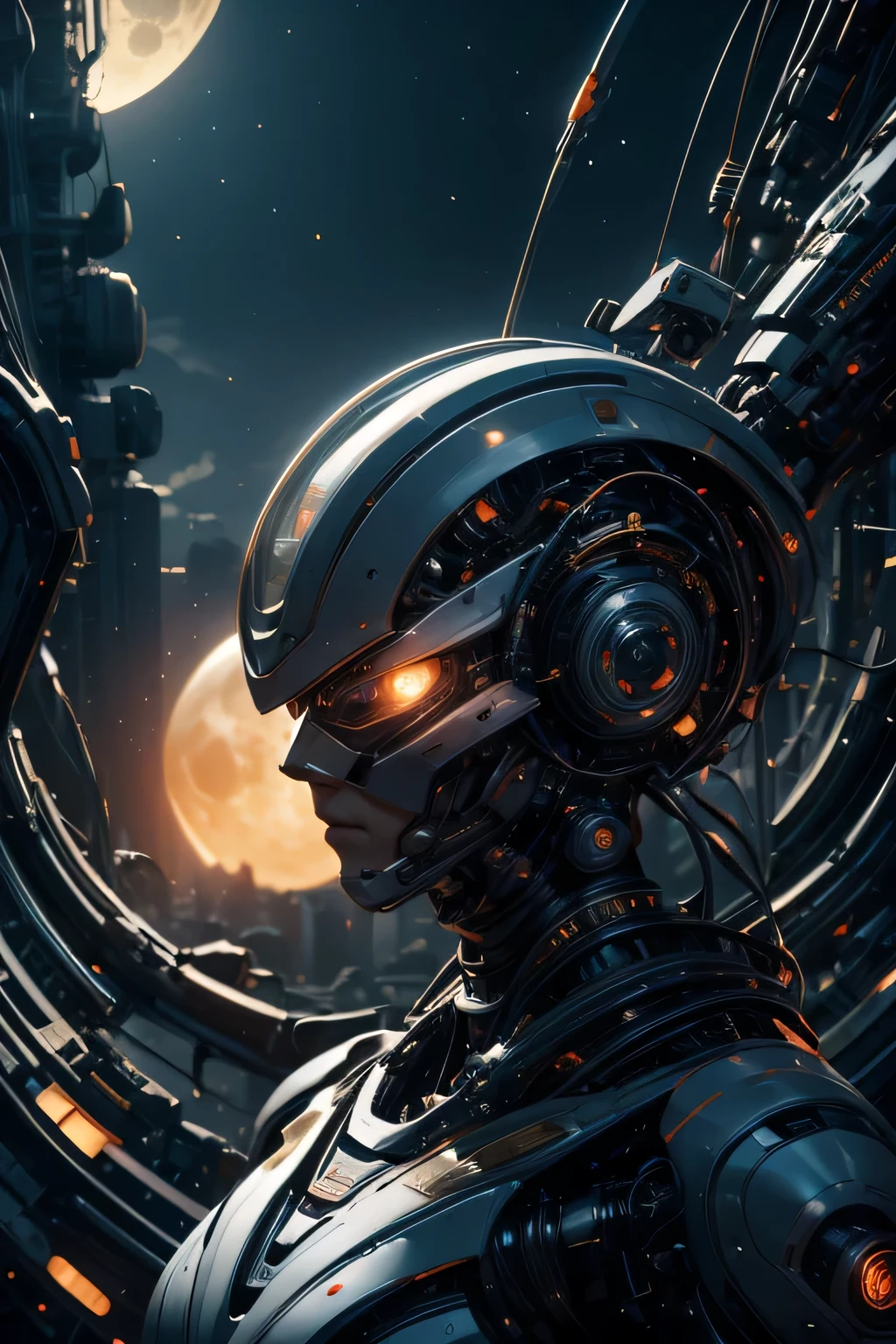 CG Mecha、beautiful eyes、Upper body、woman、Shooting with a wide-angle lens、big picture portrait、robot、white orange armor、neon、8K、born、Highest image quality、muste piece、ultra high resolution、colorful、(Medium-wide)、(Dynamic Perspective)、sharp focus、(Depth of bounds written)、highly detailed eyes and face、beautiful detailed eyes、Black gold、trimming gear:1.2)、((muste piece、Highest image quality))、detailed background、Inside the spacecraft、gray hair、Luminescent、full moon、gtx4090、stand up、matrix、fantasy,Crescent Moon、abyss、perfect form